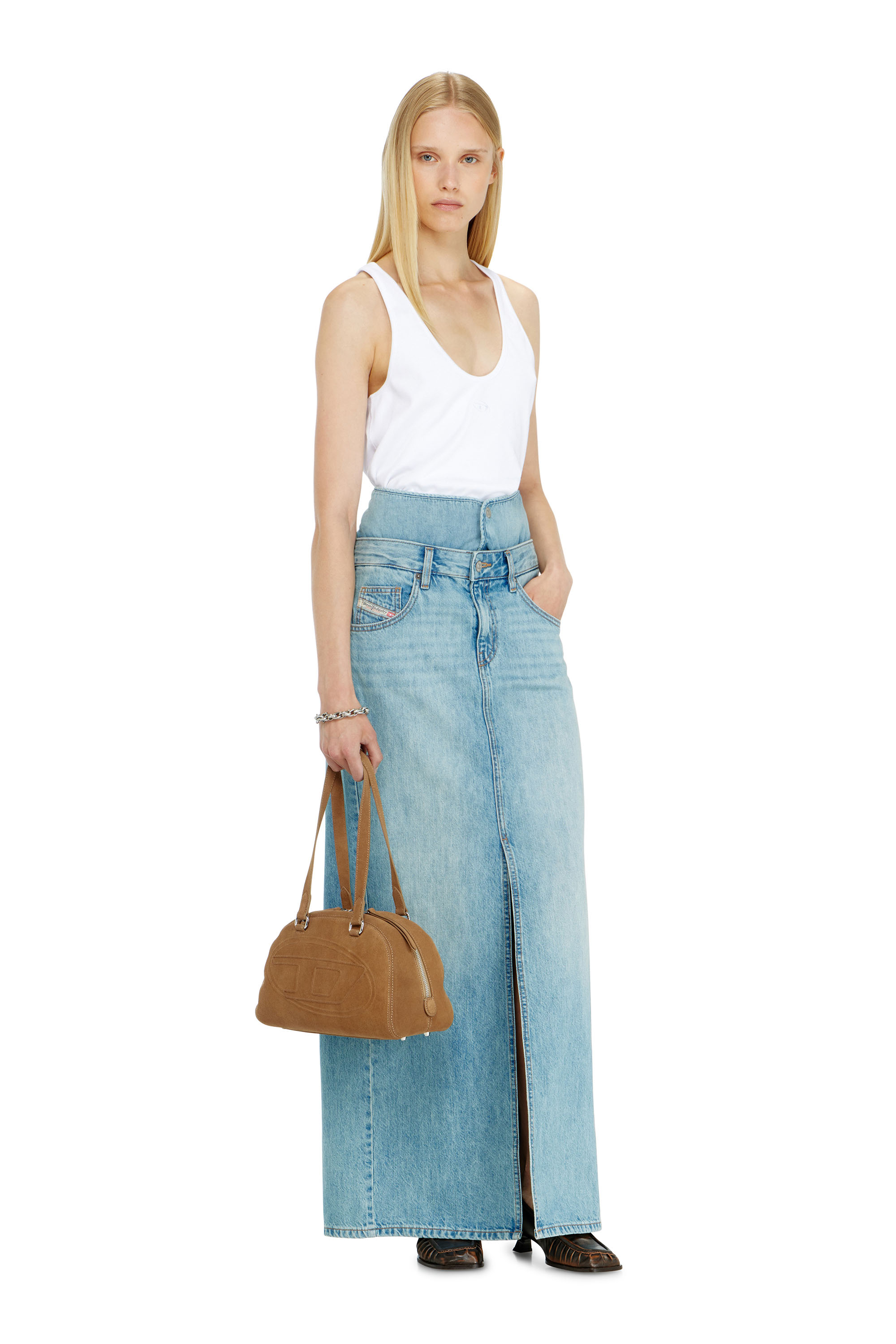 Diesel - DE-SPIVEY, Jupe longue en denim effet jean avec fentes Femme in Bleu - 1