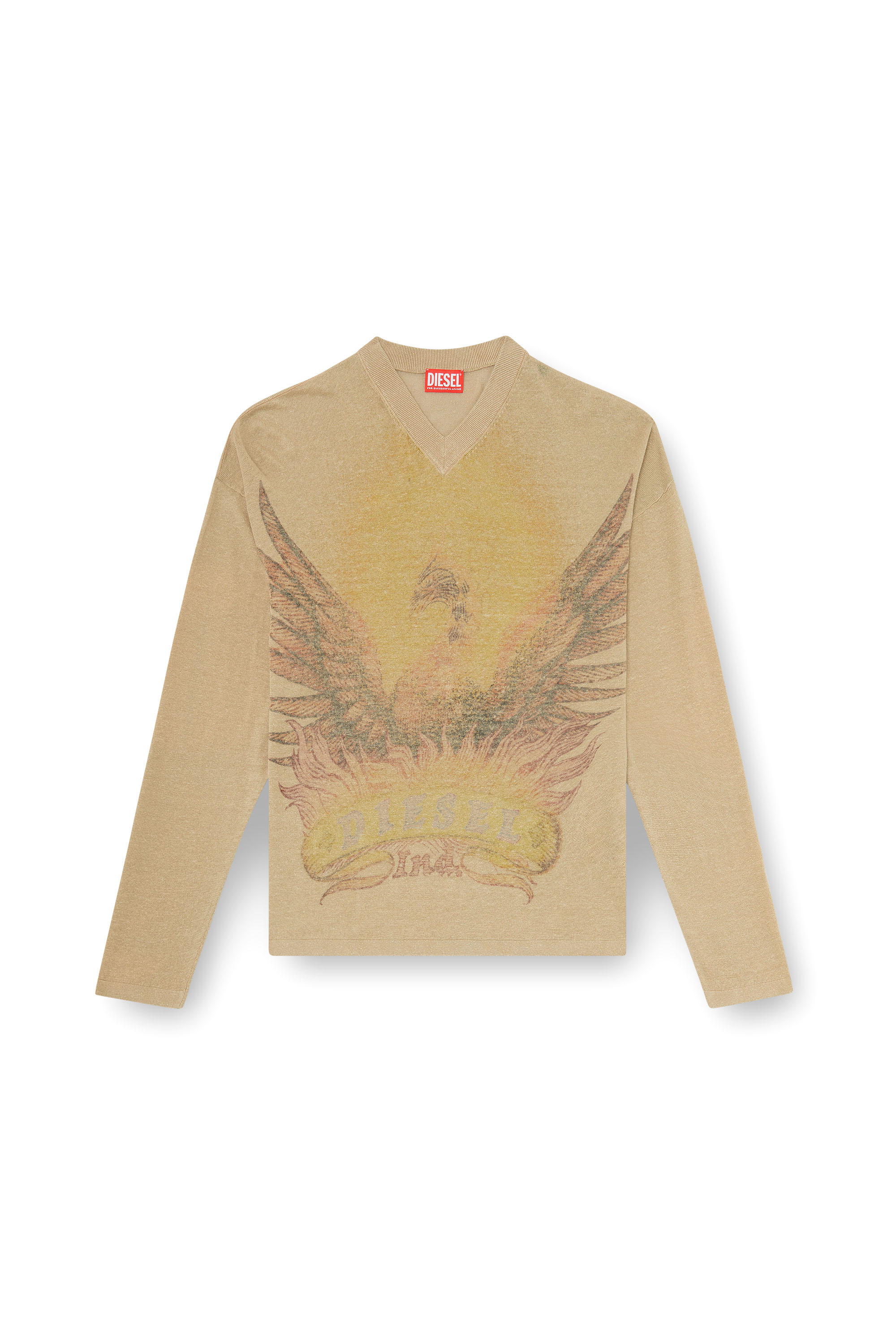 Diesel - K-ARMINS, Pull en lin avec imprim&eacute; Phoenix d&eacute;lav&eacute; Homme in Beige - 2