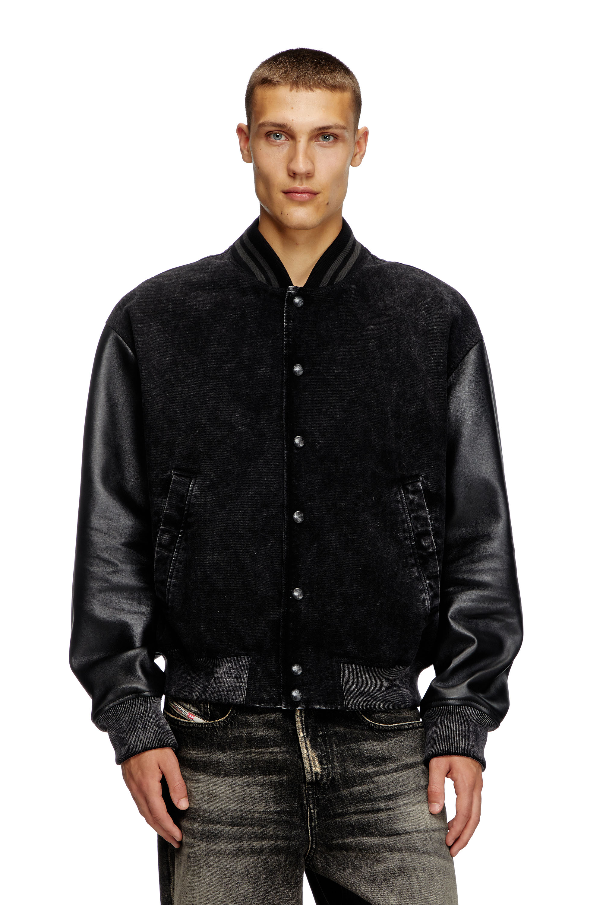 Diesel - L-NYN, Veste bomber en denim et cuir Homme in Noir - 4