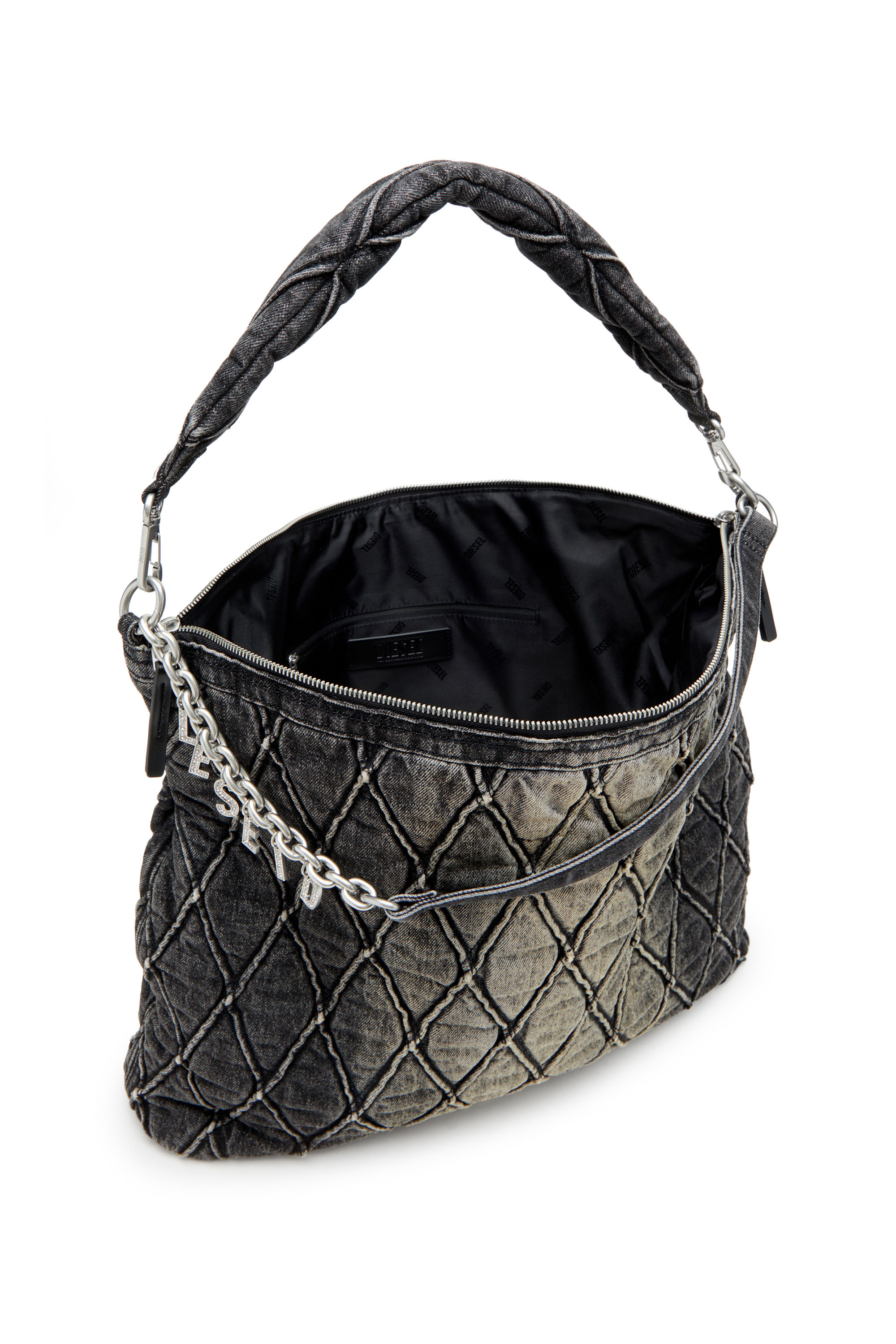 Diesel - CHARM-D HOBO, Charm-D-Grand sac hobo en denim matelassé traité Femme in Noir - 4