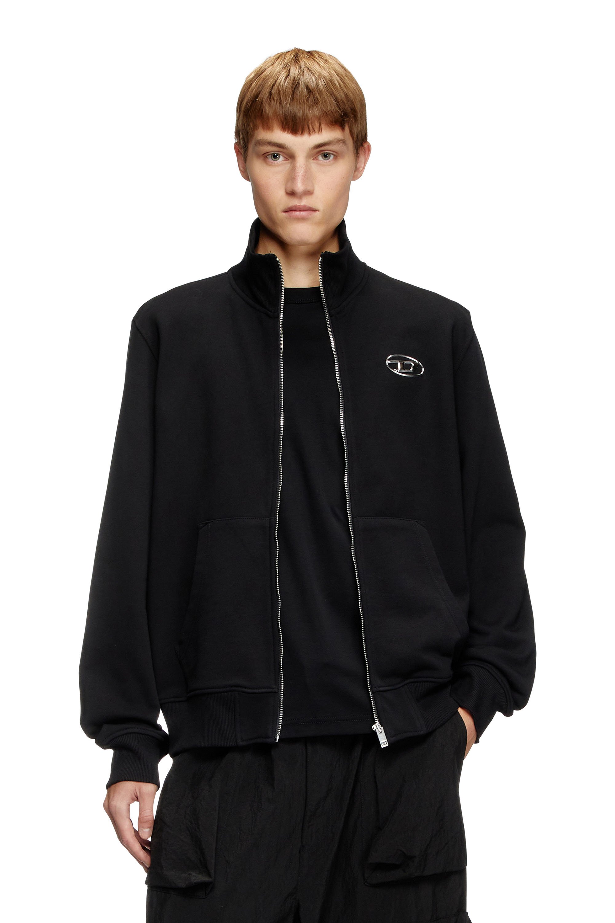 Diesel - S-GINNI-ZIP-OD, Sweat-shirt zippé avec logo métallisé Homme in Noir - 1