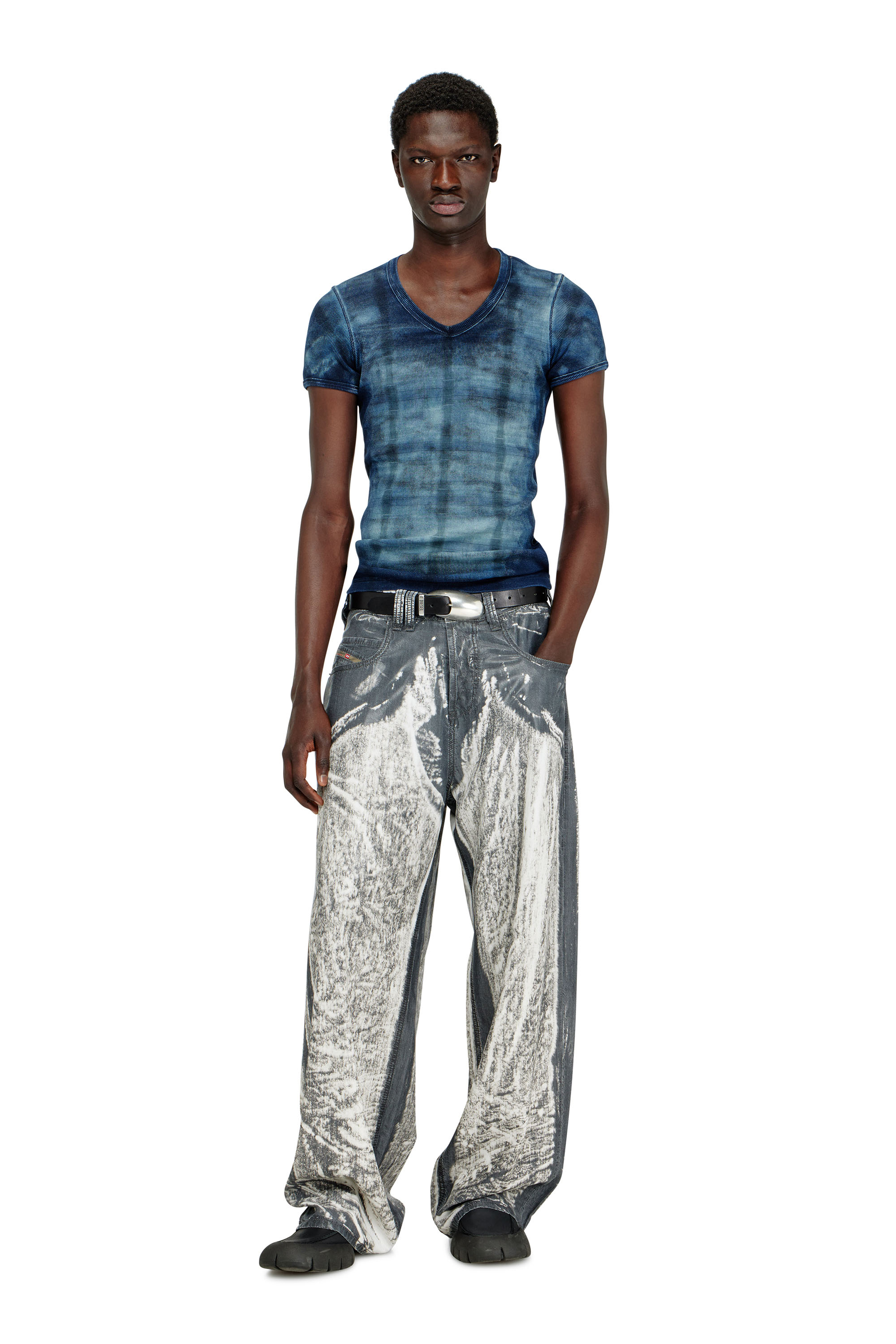 Diesel - T-LUUCAS, Top X-ray en jersey c&ocirc;tel&eacute; &agrave; imprim&eacute; carreaux Homme in Bleu - 2