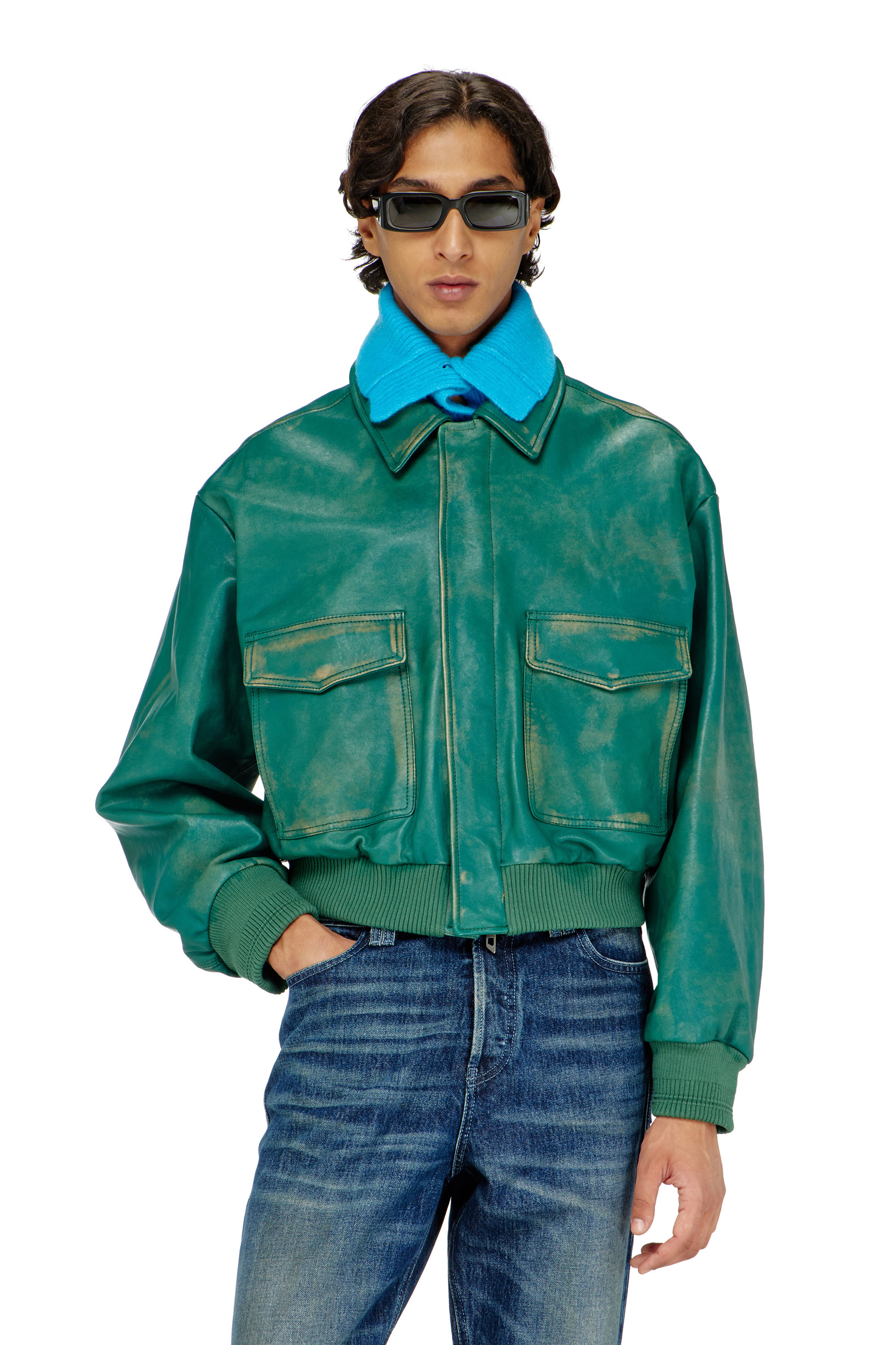Diesel - L-UMAN, Man's Aviator jacket in treated leather in Green - 1