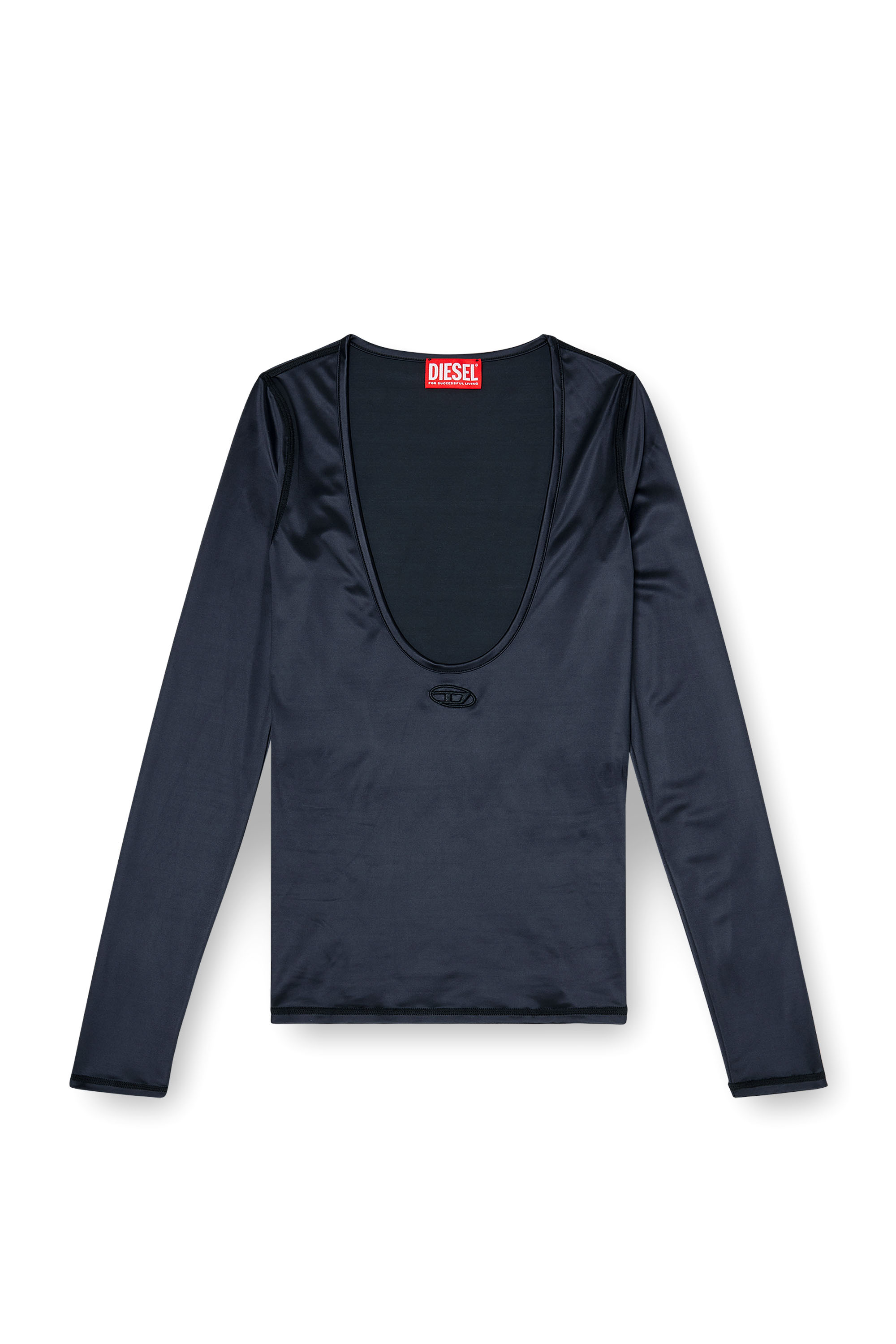 Diesel - T-ELPHIN-LS, Top slim en nylon &agrave; encolure d&eacute;gag&eacute;e avec Logo Oval D brod&eacute; Femme in Noir - 3