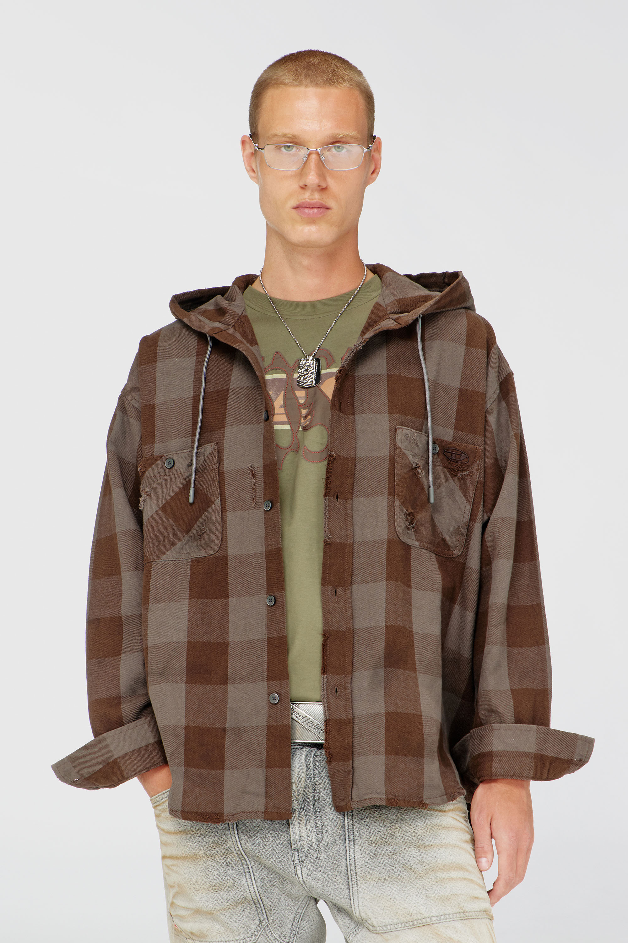 Diesel - S-DRUM-HOODY, Chemise &agrave; capuche effet us&eacute; en flanelle &agrave; carreaux Homme in Marron - 1