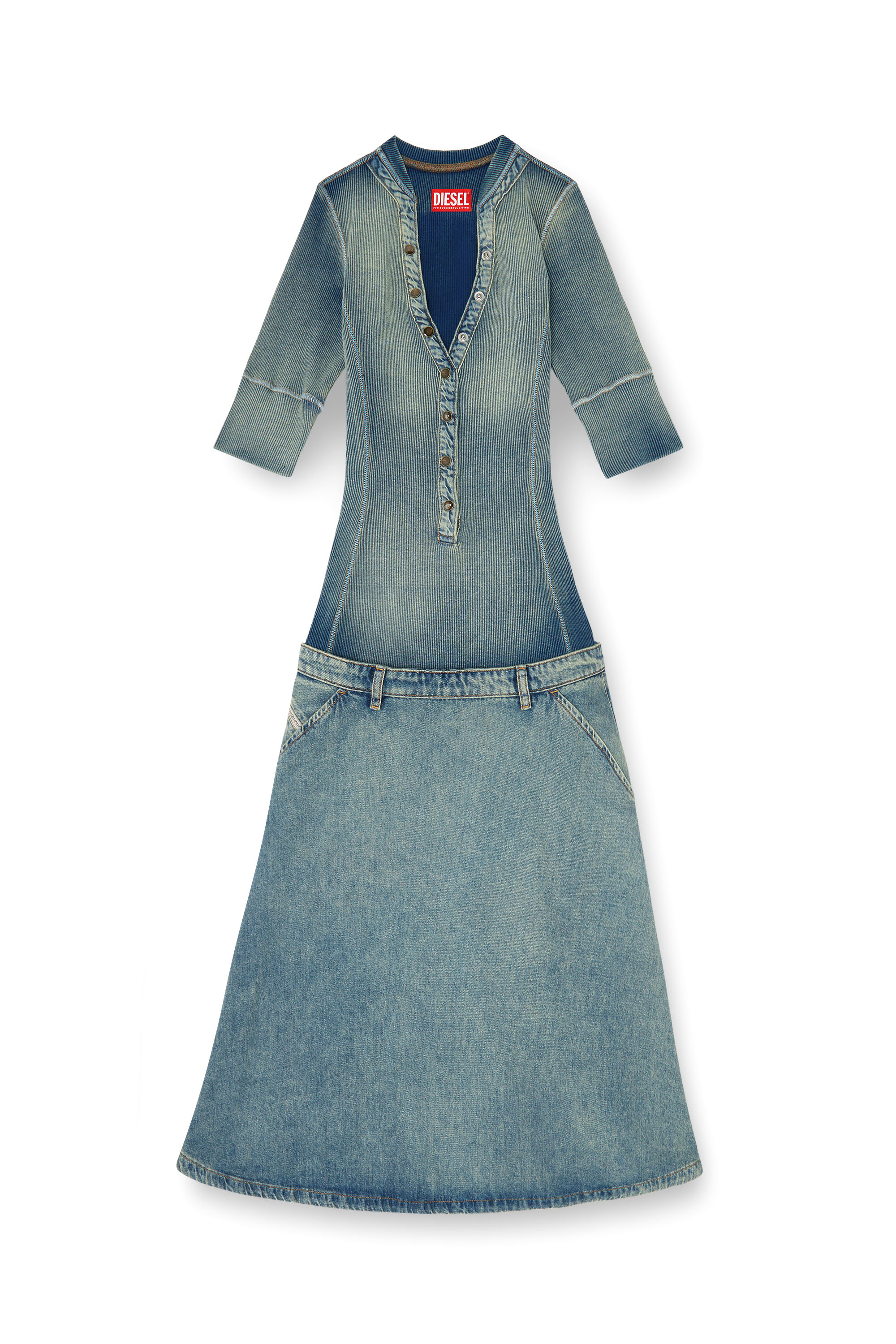 Diesel - DE-ANIM-S, Woman's Drop-waist midi dress in knit and denim in null - 3