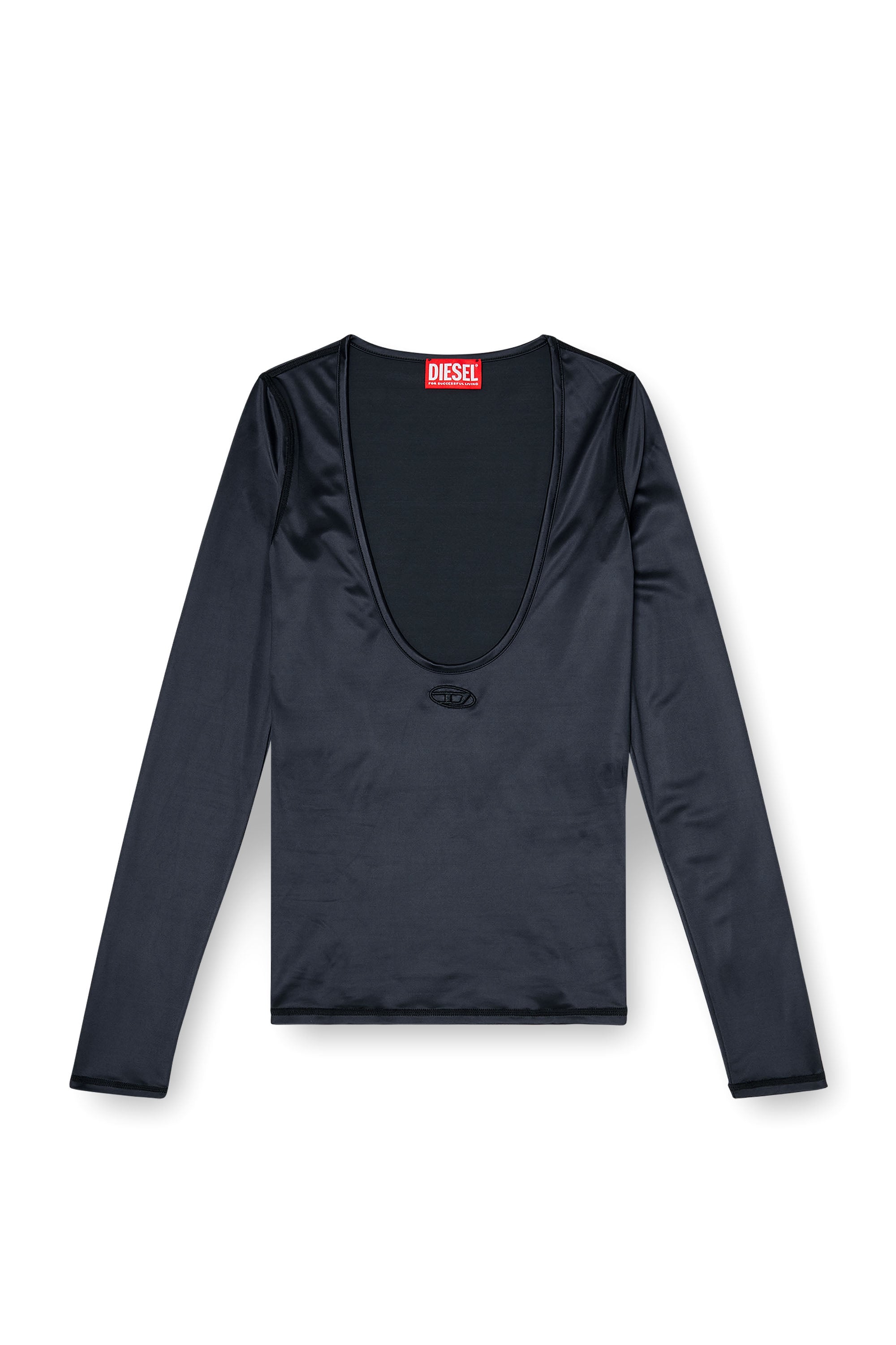 Diesel - T-ELPHIN-LS, Top slim en nylon &agrave; encolure d&eacute;gag&eacute;e avec Logo Oval D brod&eacute; Femme in Noir - 2