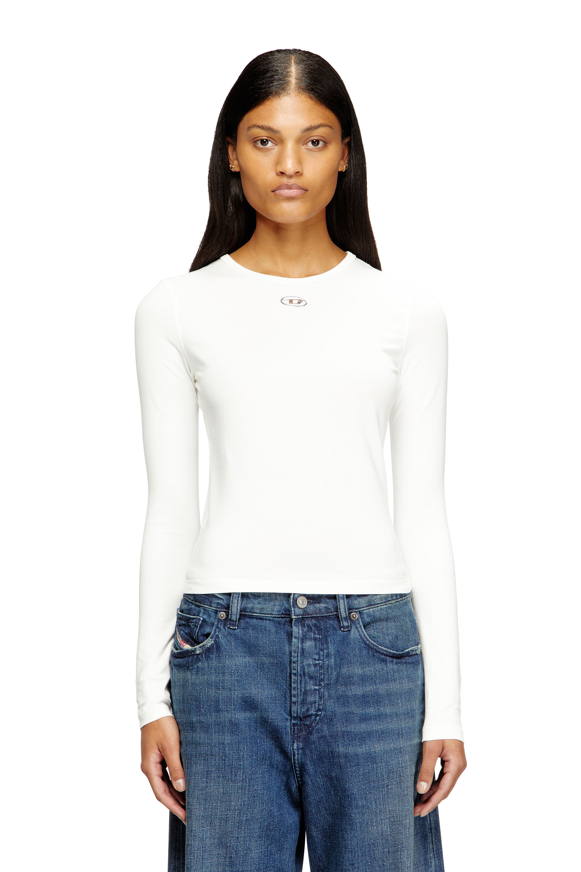 Diesel - T-UNCUTIESLONG-LS-OD, Pull en coton avec logo Oval D Femme in Blanc - 1