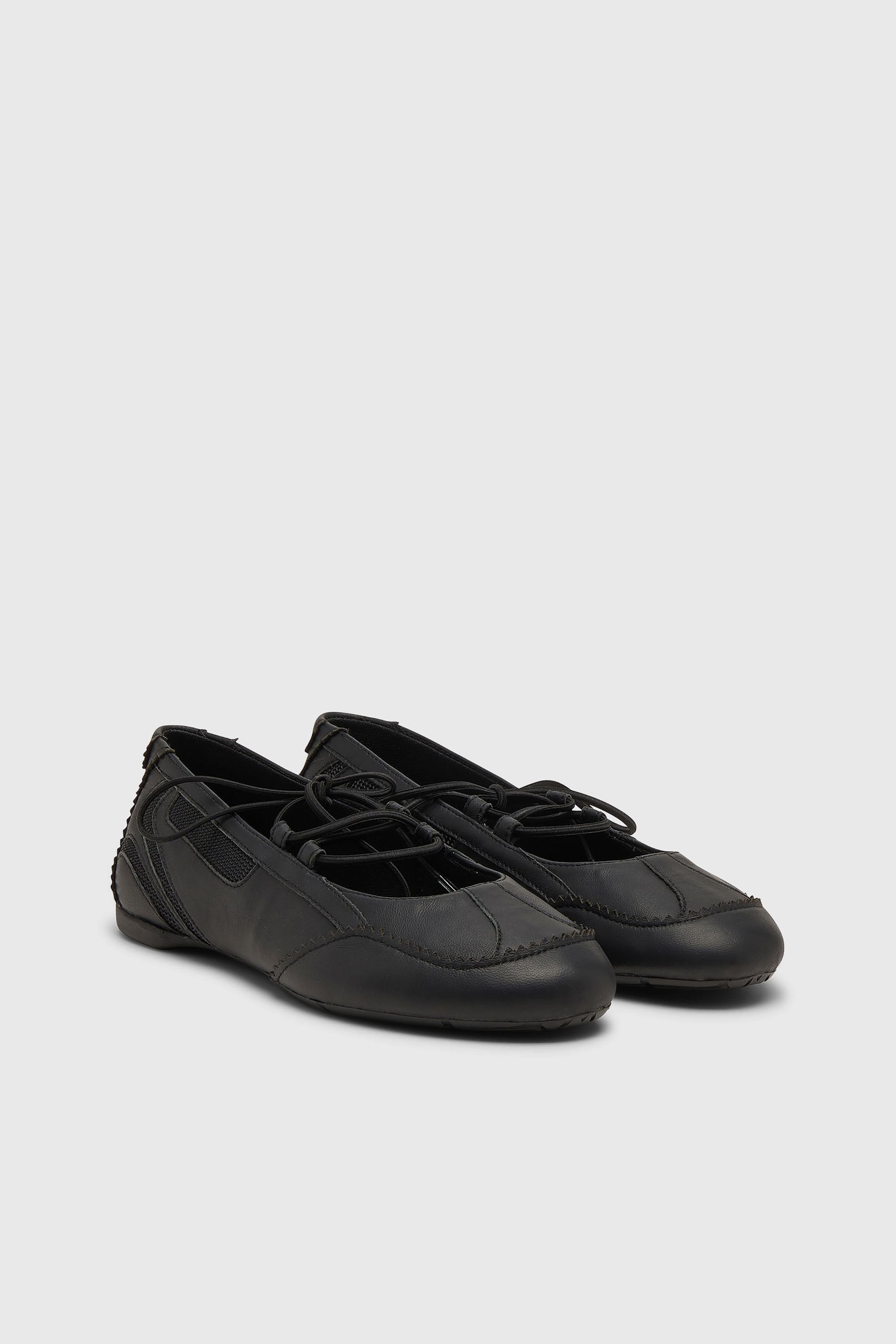 Diesel - D-MILE BALLERINA LACE UP W, D-Mile-Ballerines &agrave; lacets en cuir et mesh Femme in Noir - 2