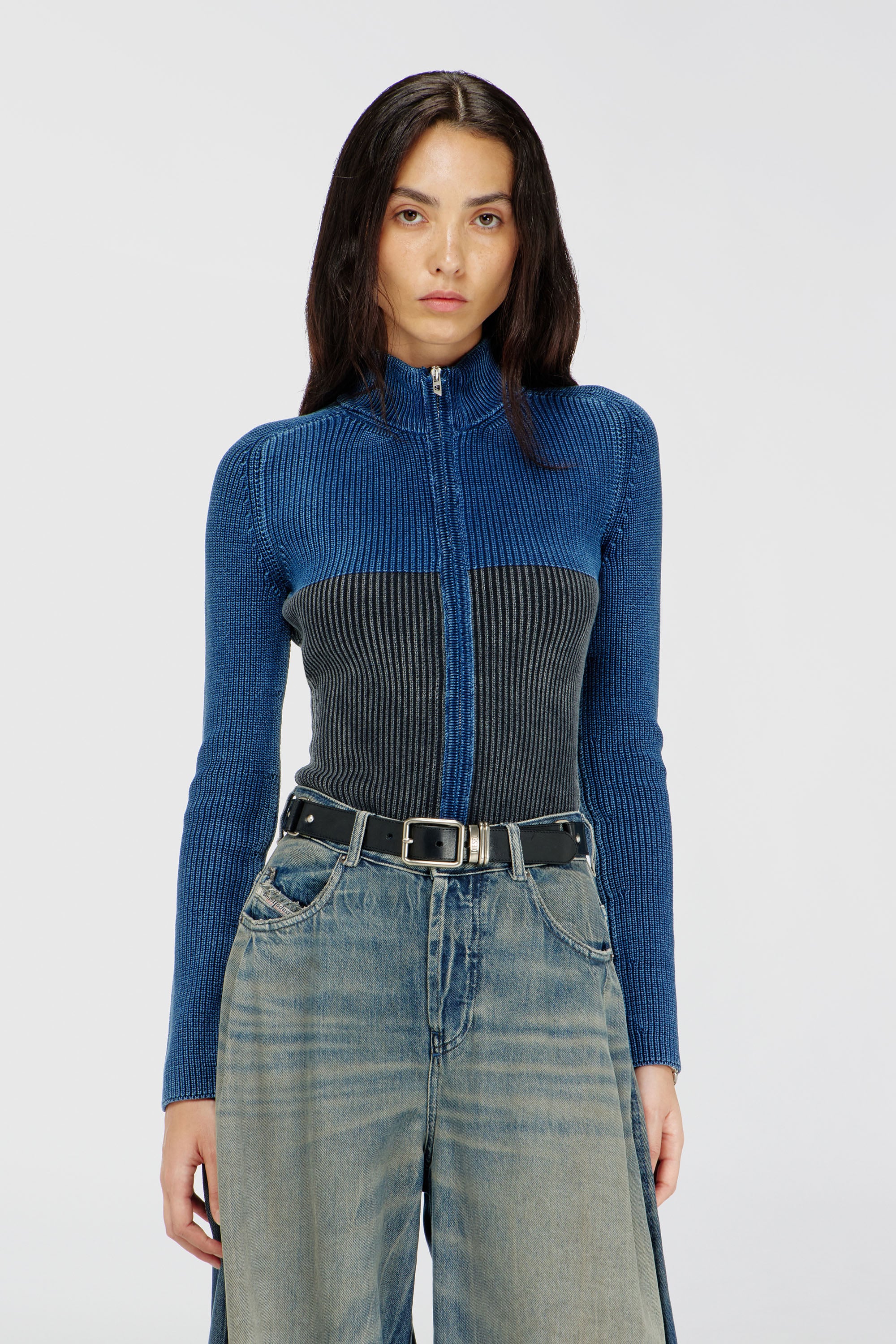 Diesel - M-HERMOSITA, Cardigan zipp&eacute; effet denim bicolore Femme in Polychrome - 1