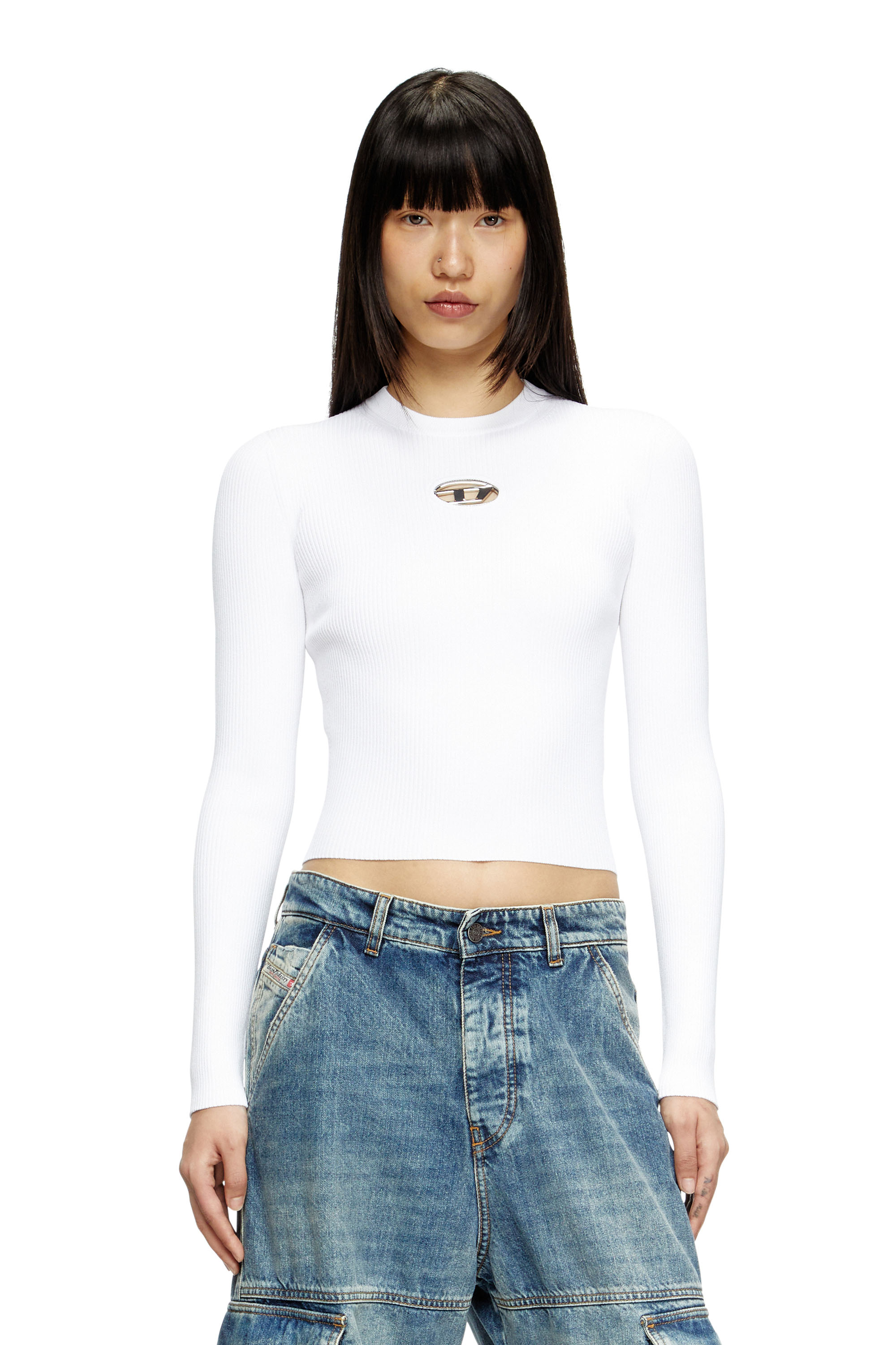 Diesel - M-VALARI, Top en viscose mélangée côtelée avec Oval D Femme in Blanc - 1