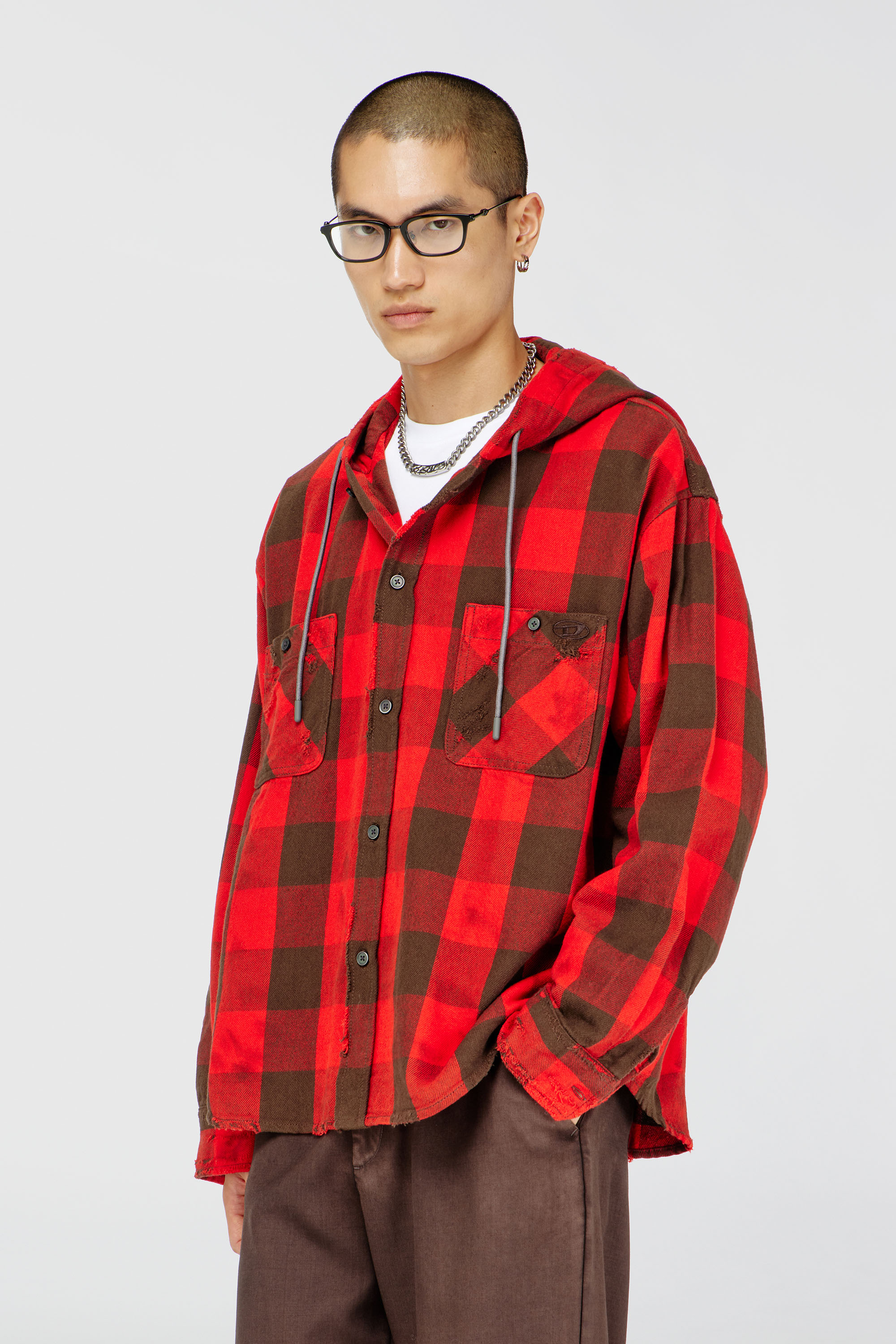 Diesel - S-DRUM-HOODY, Chemise &agrave; capuche effet us&eacute; en flanelle &agrave; carreaux Homme in Polychrome - 1