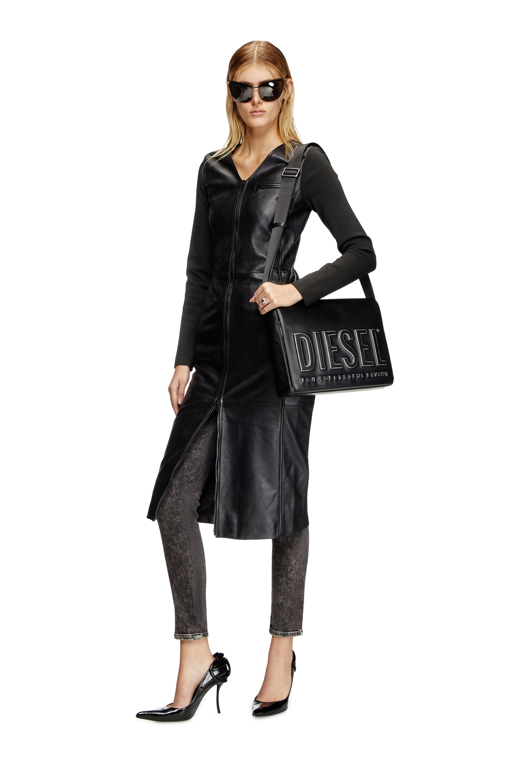 Diesel - L-OLA, Robe en cuir et maille stretch Femme in Noir - 1