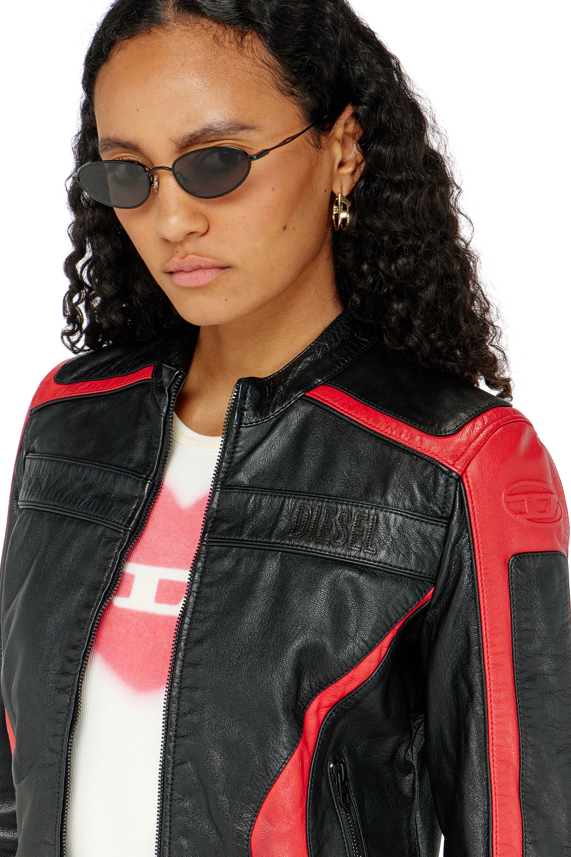 Diesel - L-OVABLE, Blouson motard en cuir color-block Femme in Polychrome - 5