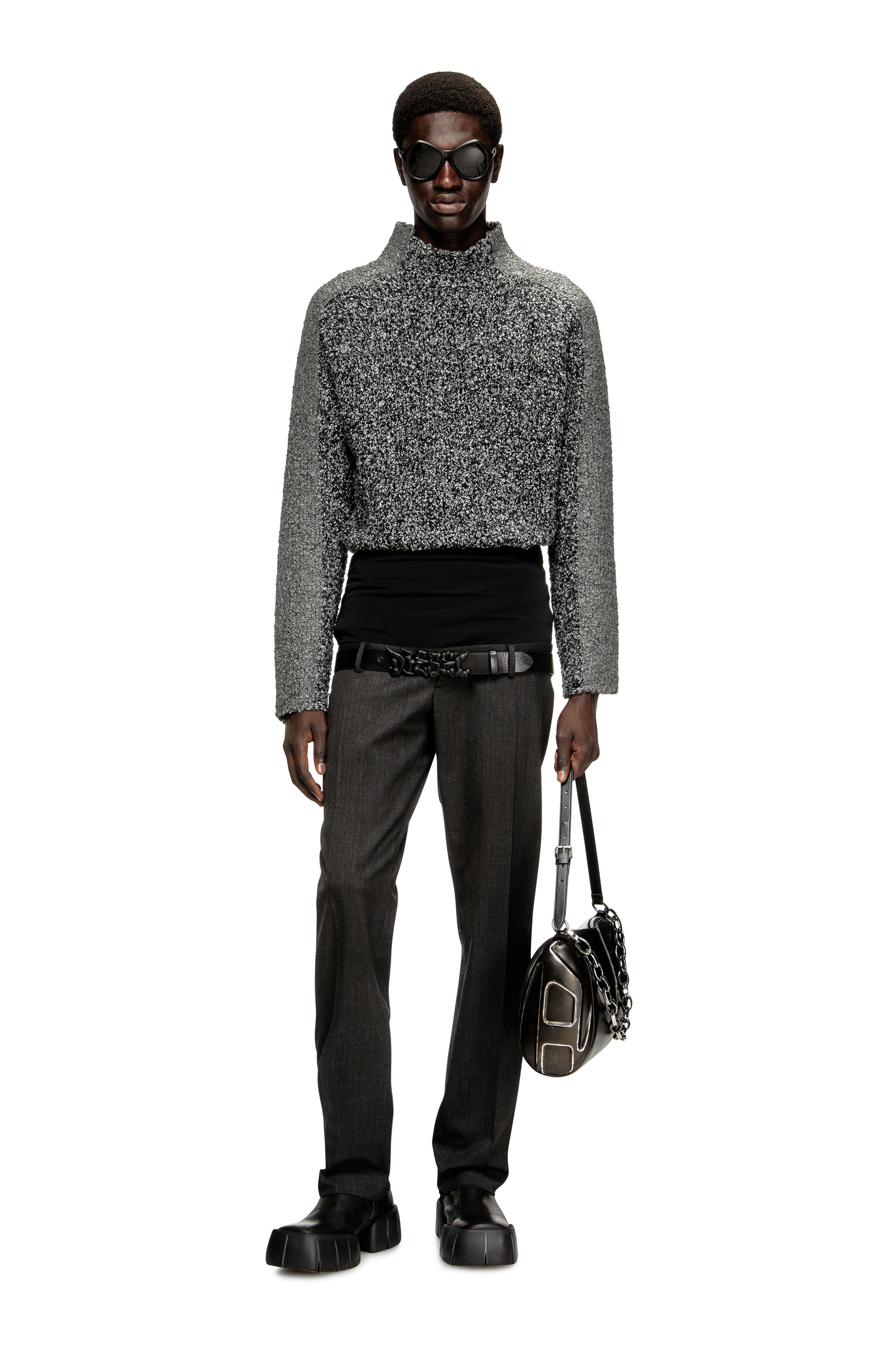 Diesel - K-ERLAND, Pull en maille bouclée avec bandes sur les manches Homme in Noir - 2