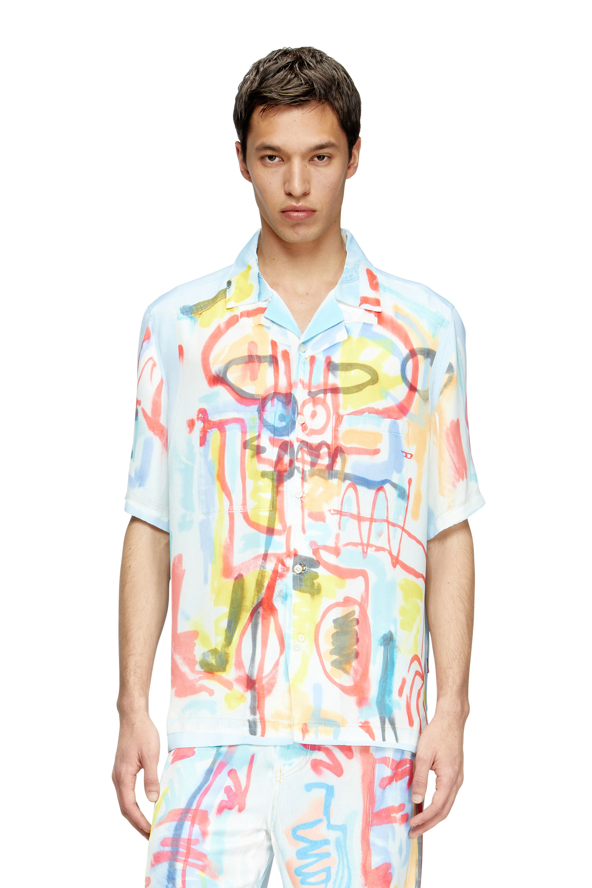 Diesel - C-PAROSHORT-GRAFFITI-AFR, Chemise bowling en satin avec imprim&eacute; graffiti Mixte in Bleu - 3