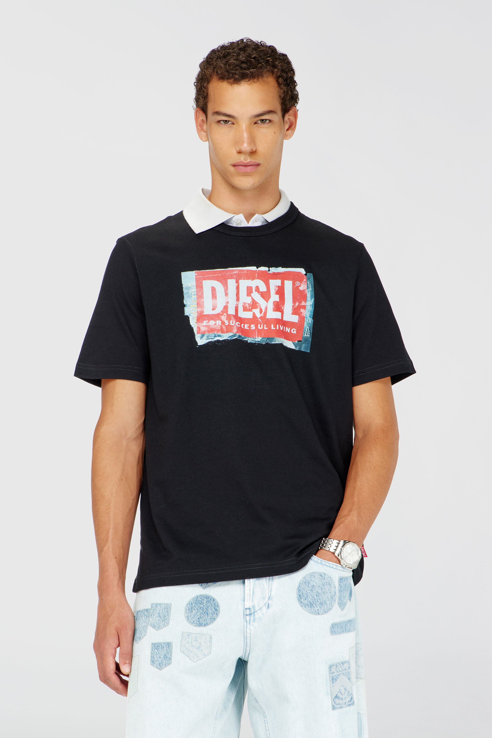 Diesel - T-ADJUST-Q6, T-shirt avec logo effet froiss&eacute; Homme in Noir - 1