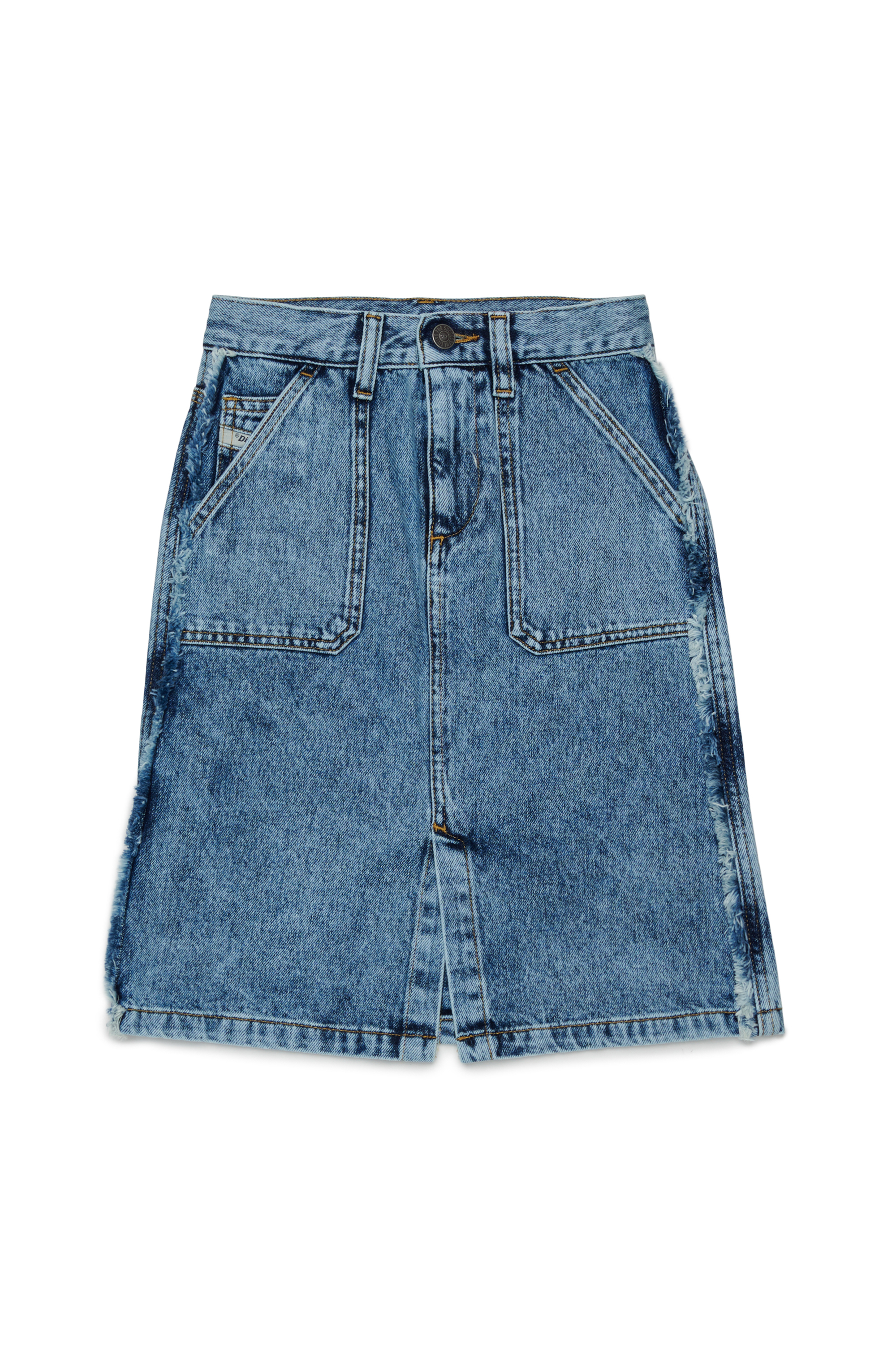 Diesel - GELKA, Jupe en denim effiloch&eacute; avec patch rose Femme in Bleu - 1