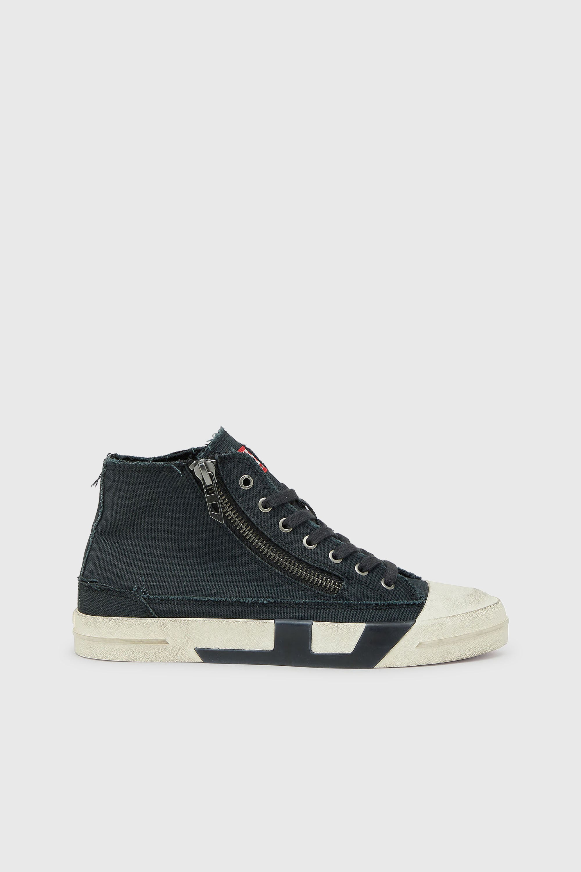 Diesel - S-D-VERSE ZIP MID II, S-D-Verse - Baskets en toile effiloch&eacute;e avec logo D Homme in Noir - 1