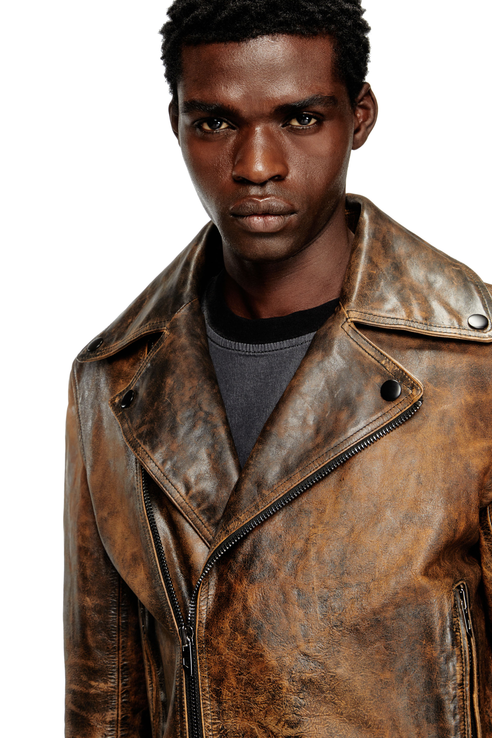 Diesel - L-EON, Blouson de motard en cuir traité Homme in Marron - 5