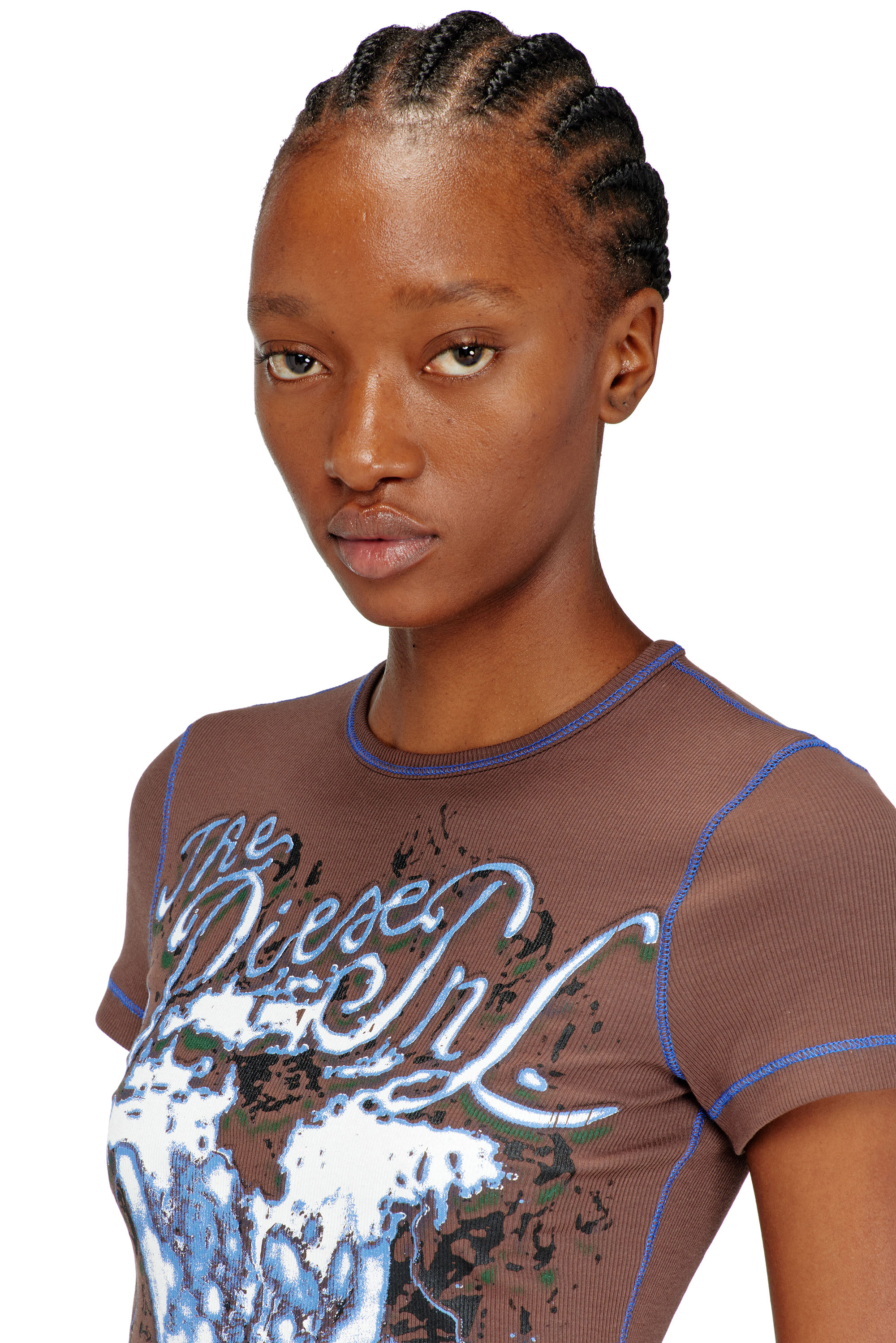 Diesel - T-BRENDA, Haut imprim&eacute; animalier en jersey c&ocirc;tel&eacute; stretch Femme in Marron - 5