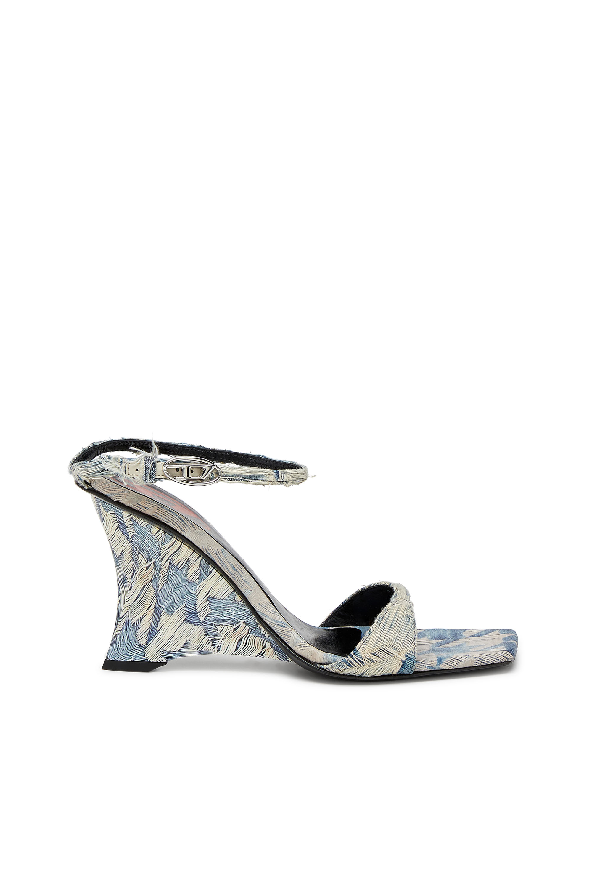 Diesel - D-AMBER SANDAL WEDGE, Sandales à talons compensés en denim jacquard Femme in Bleu - 1