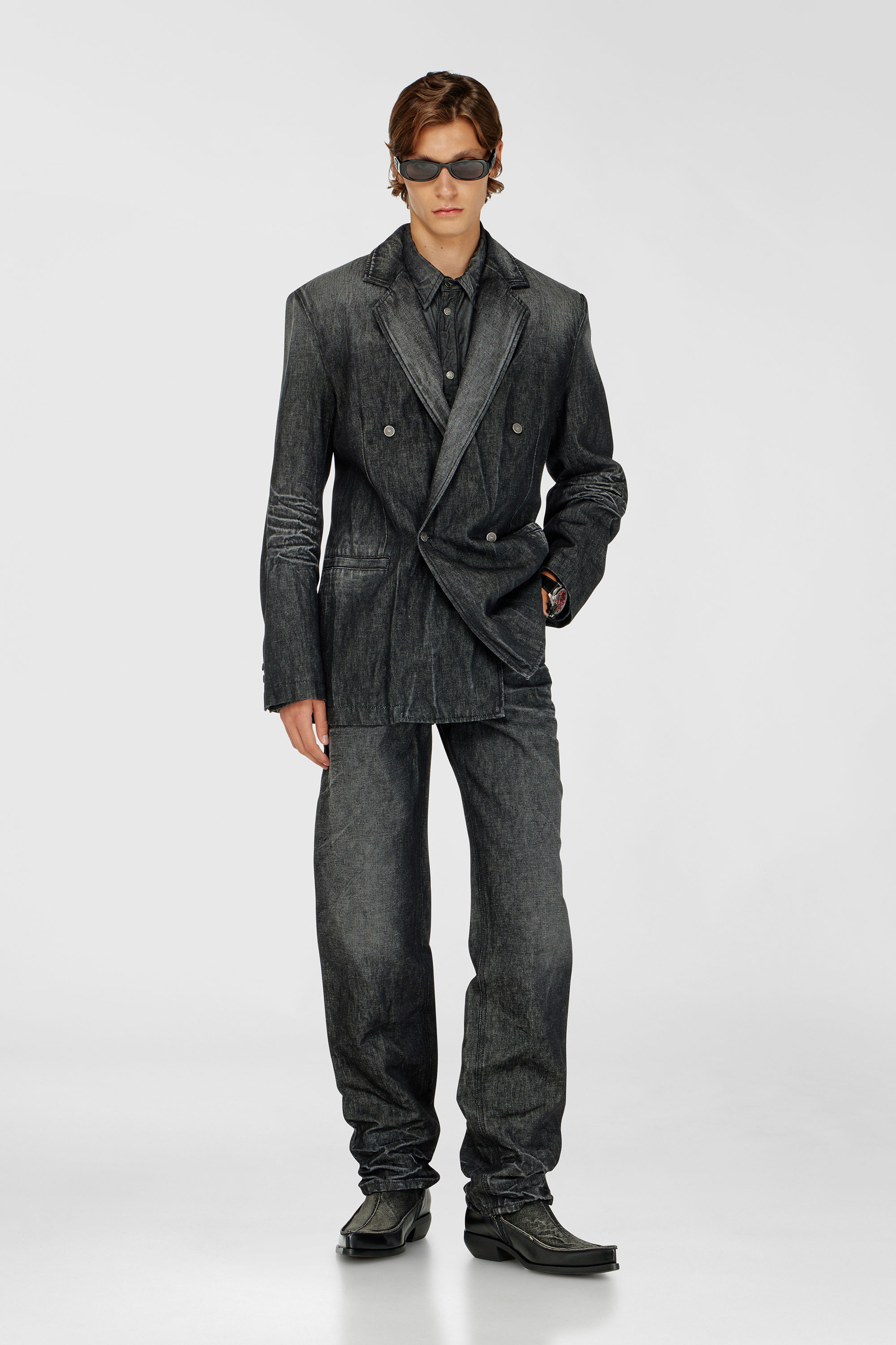 Diesel - D-KOT-FSJ, Blazer crois&eacute; en denim froiss&eacute; Homme in Noir - 2