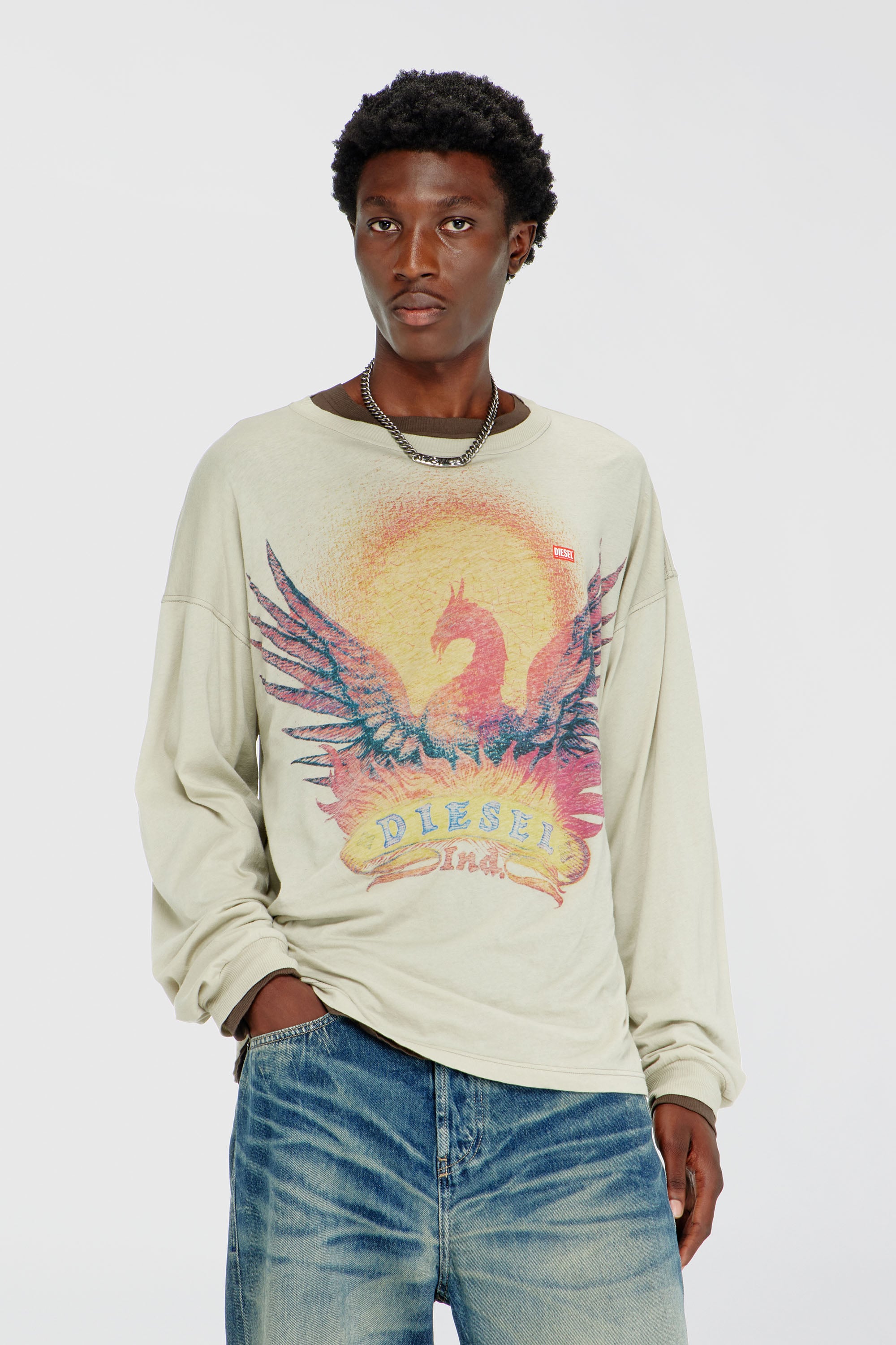 Diesel - T-BOXT-LS-AA1, T-shirt &agrave; manches longues avec motif Phoenix Homme in Beige - 1