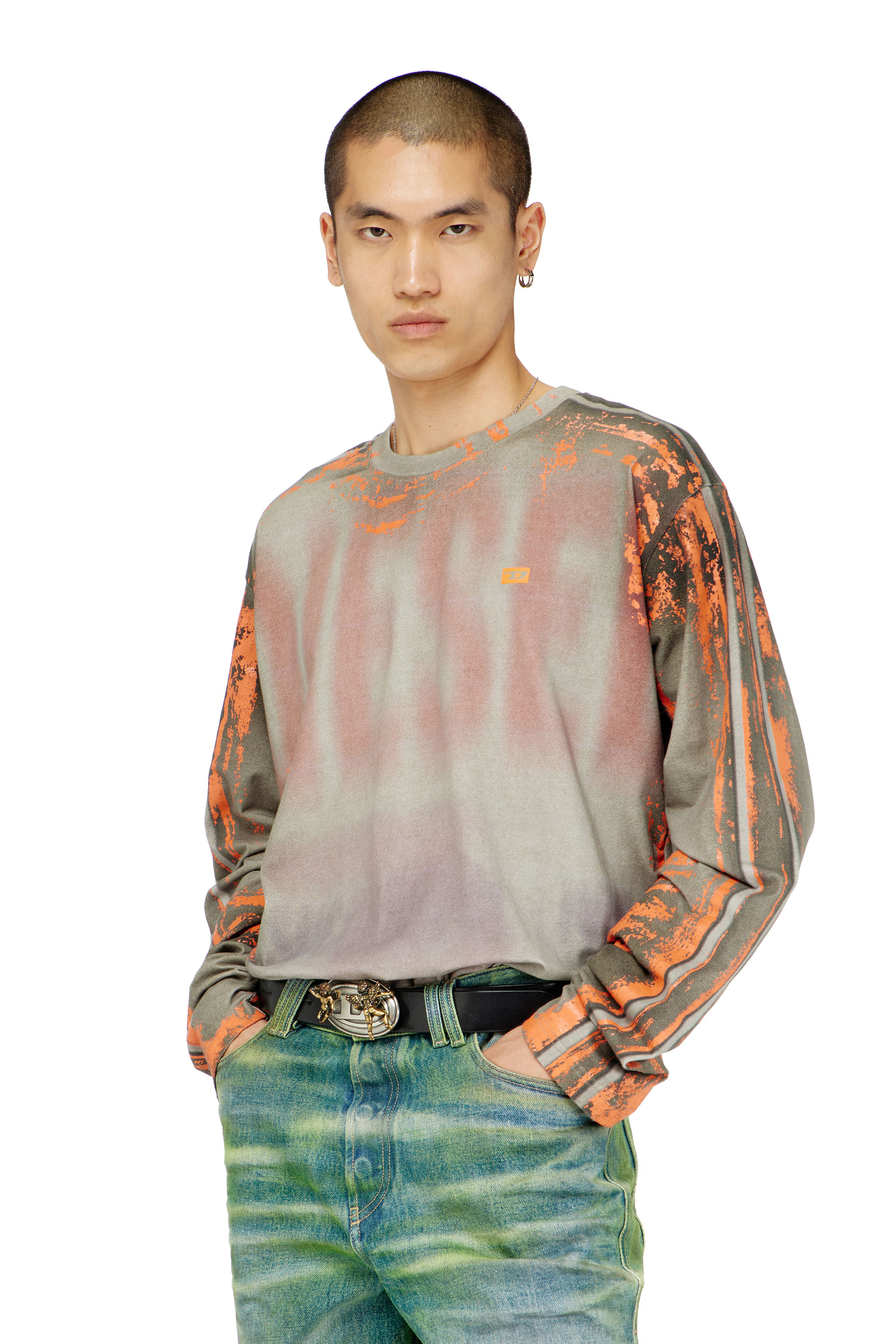 Diesel - T-FILMY, Man's Long-sleeve T-shirt in cracked jersey in Pink/Grey - 1