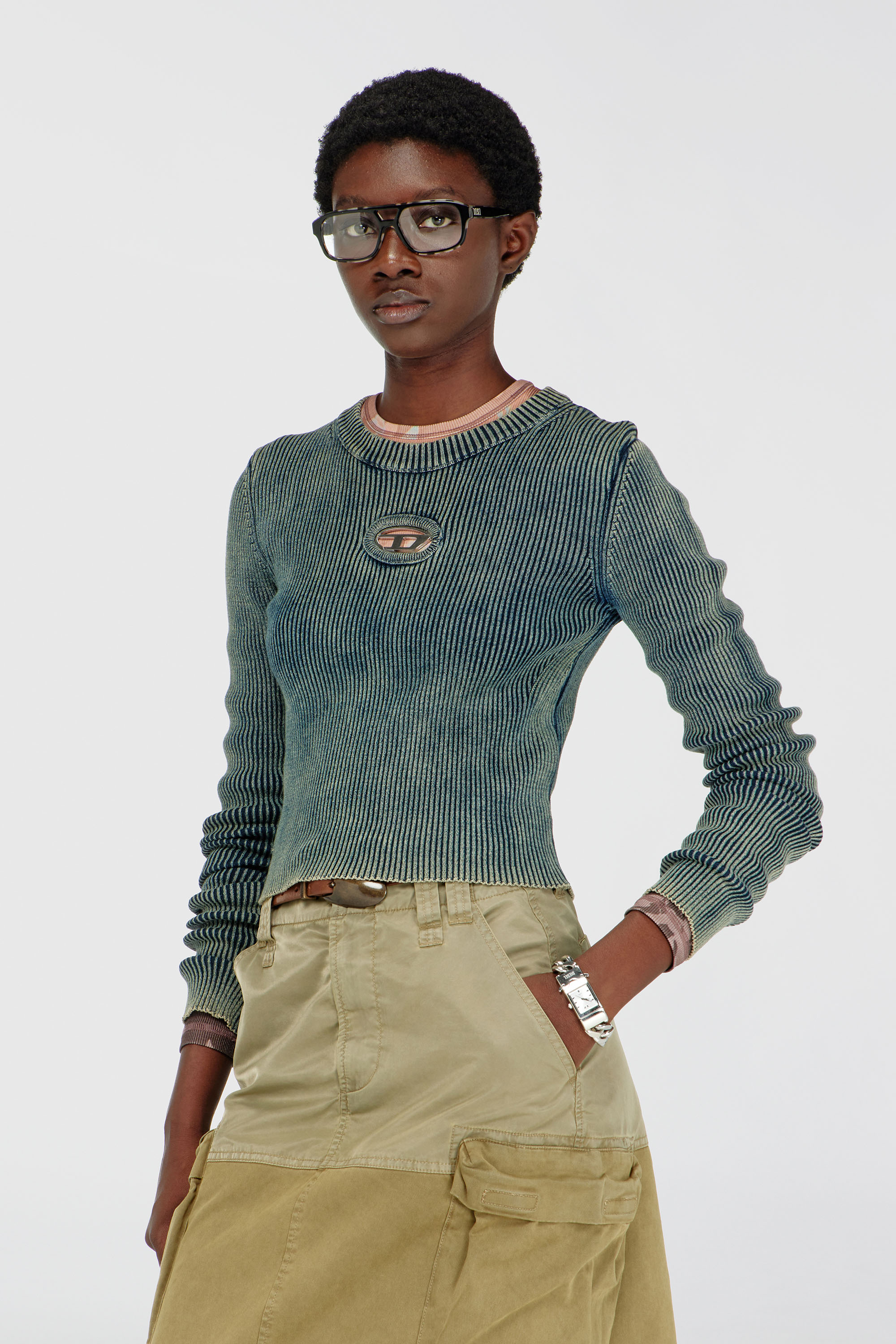 Diesel - M-ANCHOR-A, Top en maille c&ocirc;tel&eacute;e avec Oval D Femme in Bleu - 3