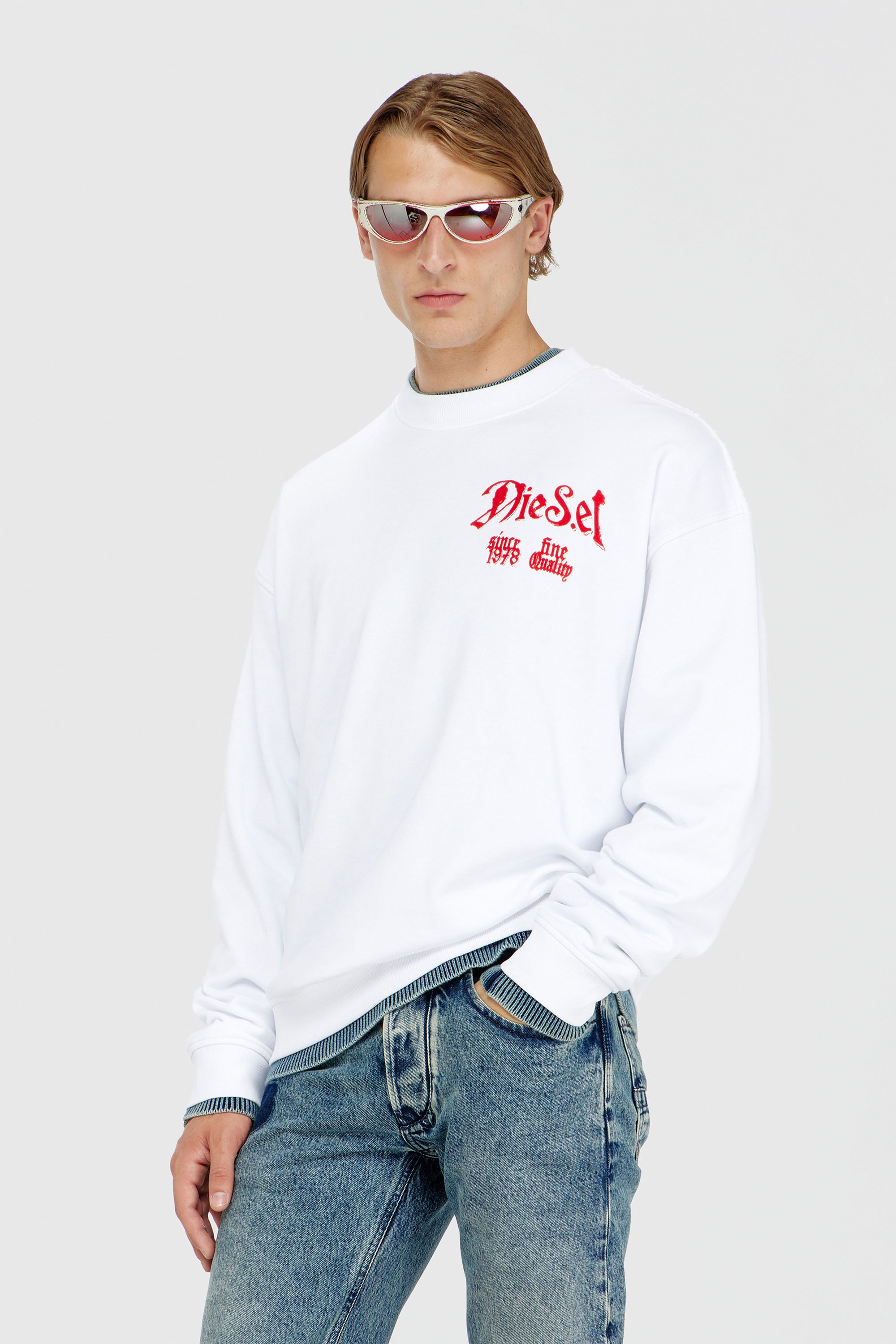 Diesel - S-BOXT-AA2, Sweat-shirt en coton avec motifs floqu&eacute;s Homme in Blanc - 1
