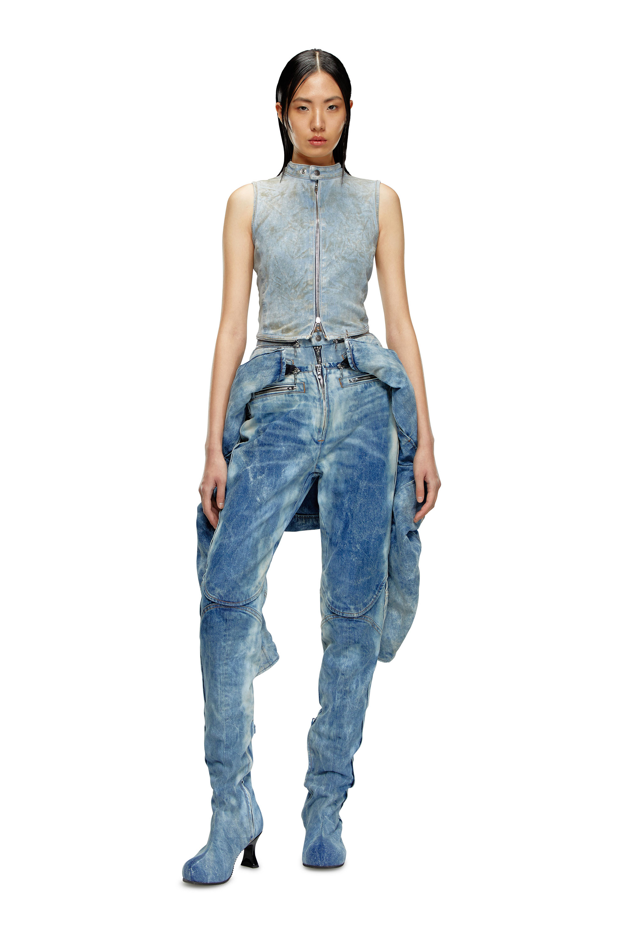 Diesel - DE-NATA-FSE, Top en denim seconde peau avec détails biker Femme in Bleu - 2