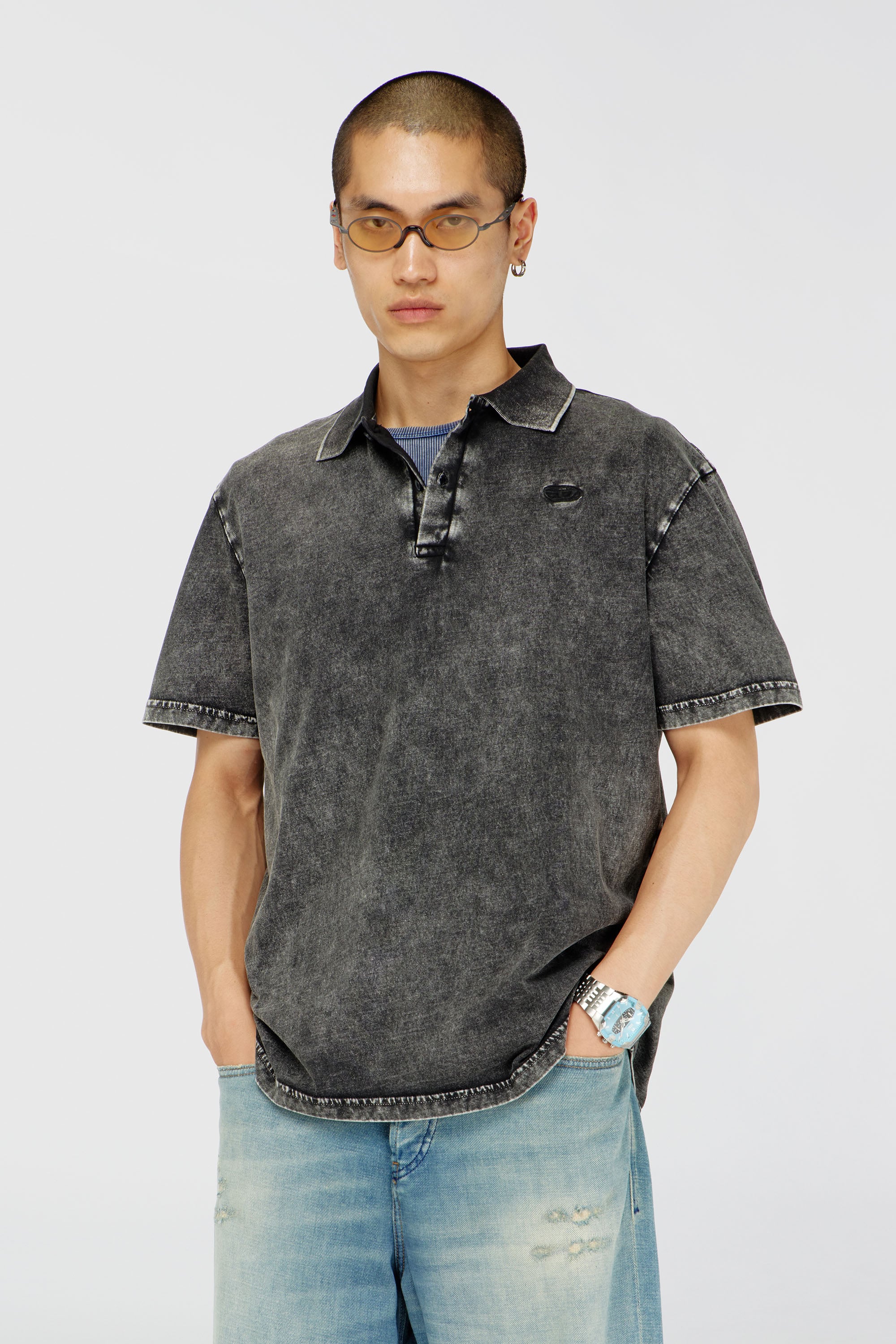 Diesel - T-REJUST-NC-DEN, Polo en jersey effet denim Homme in Gris - 1