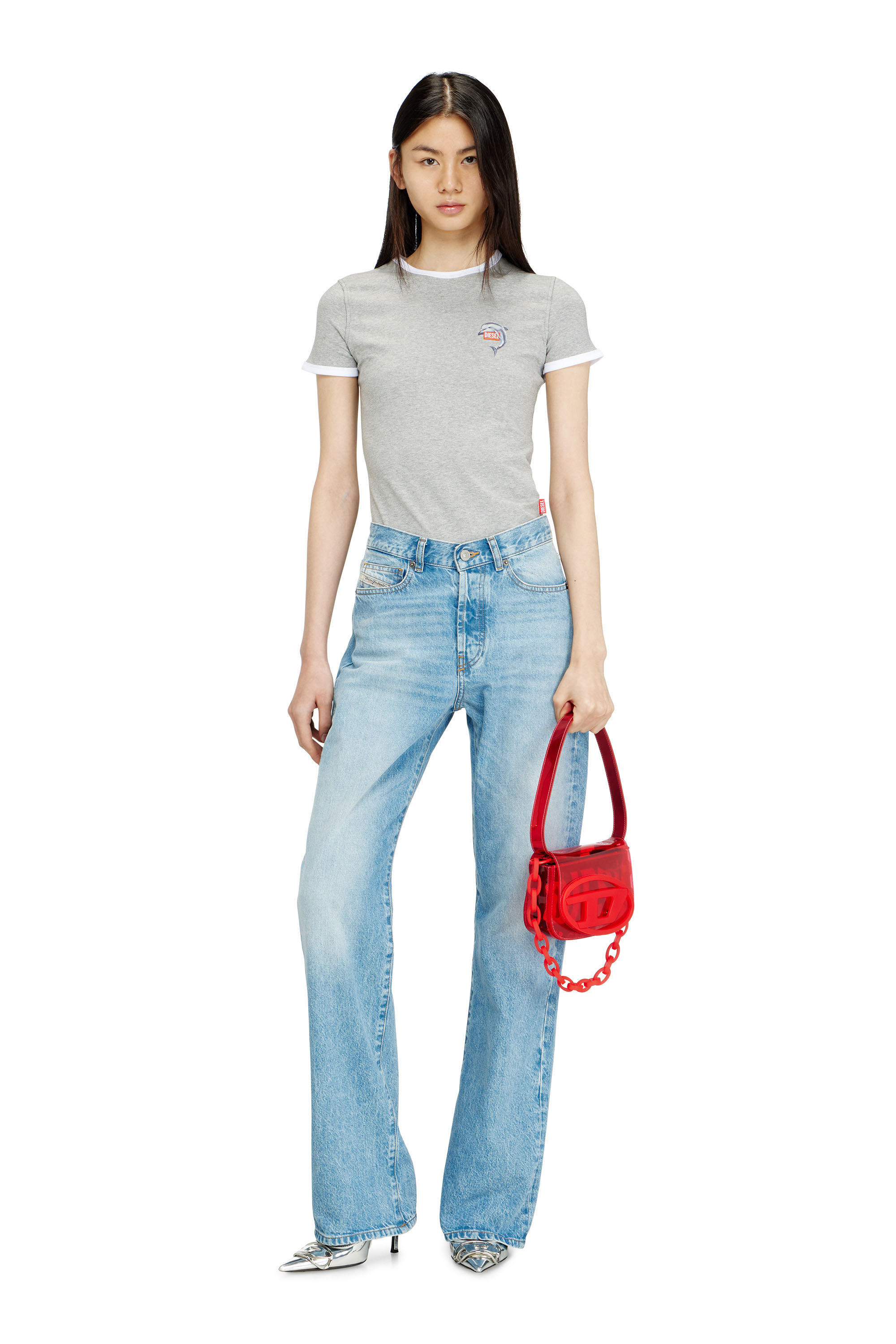 Diesel - T-UNCUTIES-LONG-S13, T-shirt ajust&eacute;e &agrave; imprim&eacute; dauphin Femme in Gris - 1