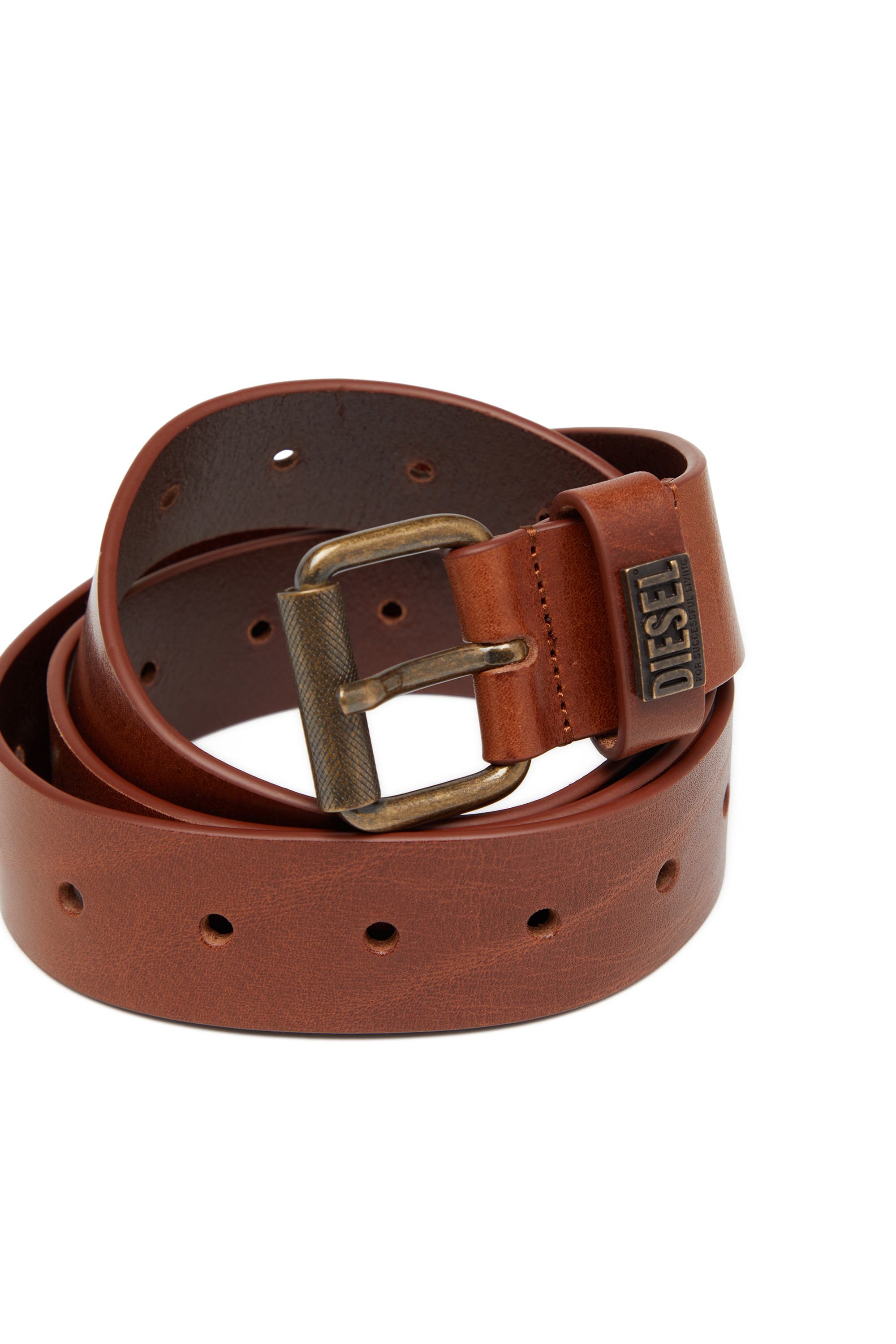 Diesel - B-BISCOTTO-LOOP II, Ceinture en cuir de 3.5 cm avec boucle en m&eacute;tal griff&eacute;e Homme in Marron - 3