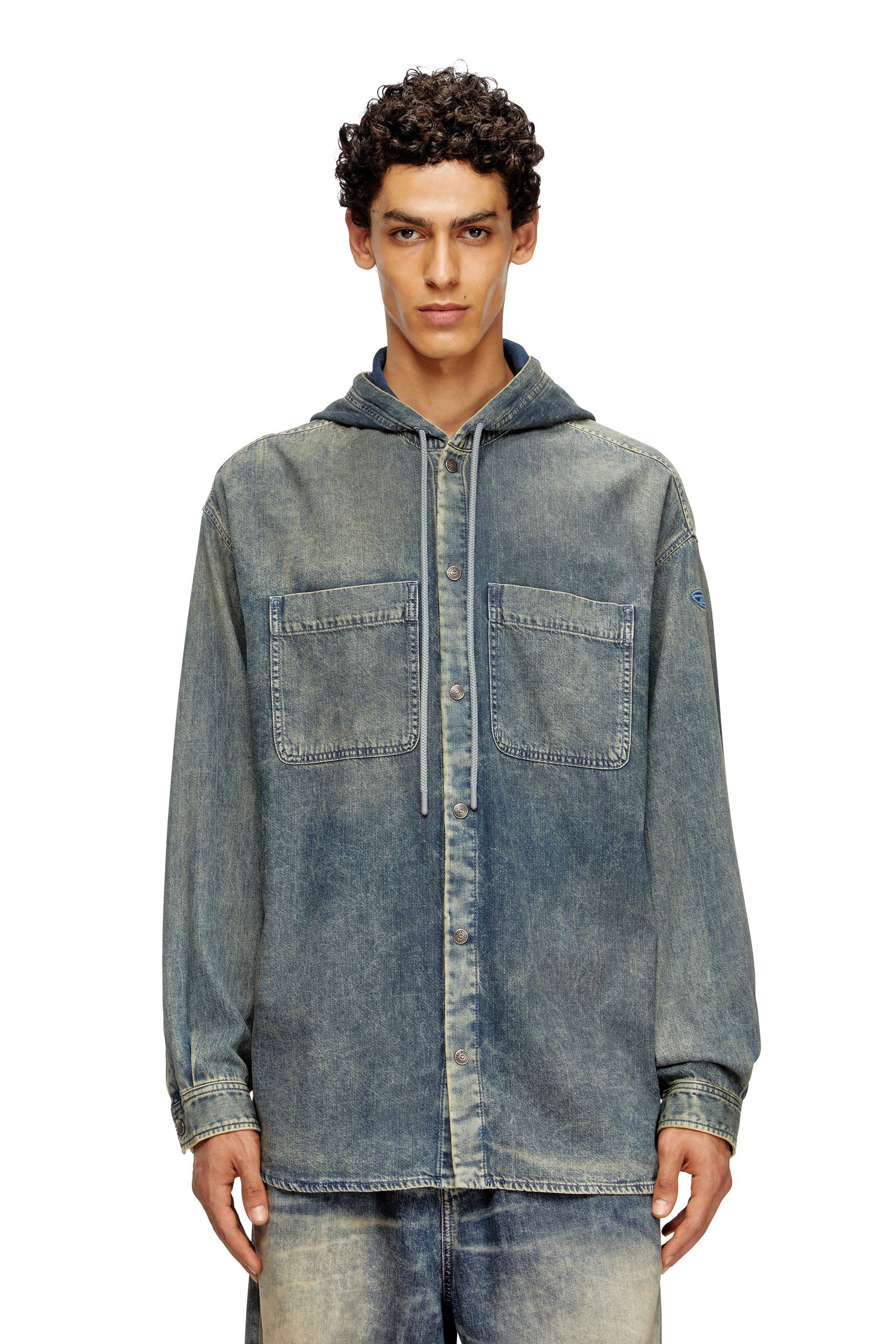 Diesel - D-DEWNY-HOOD-S2, Surchemise en denim marbré enduit Homme in Bleu - 1