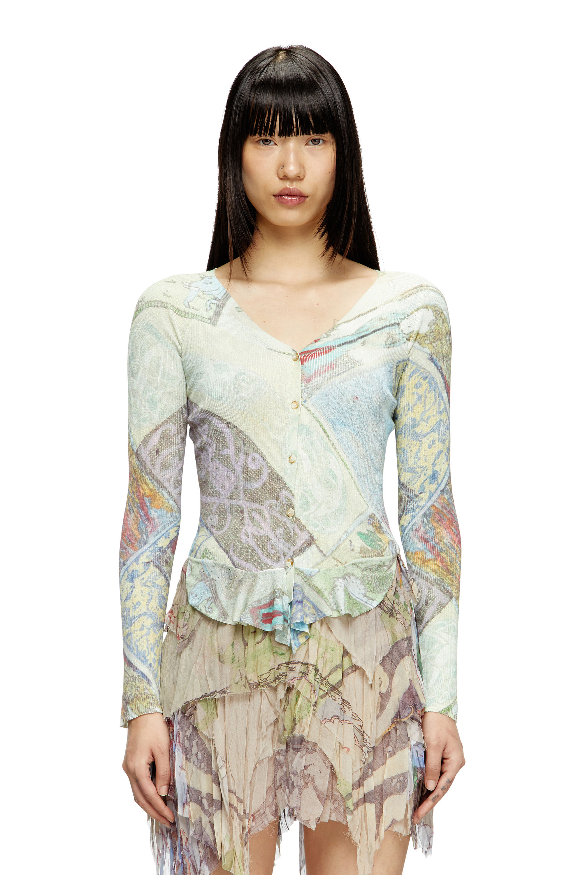 Diesel - M-FIORINA, Cardigan cropped avec imprimé médiéval Femme in Polychrome - 1