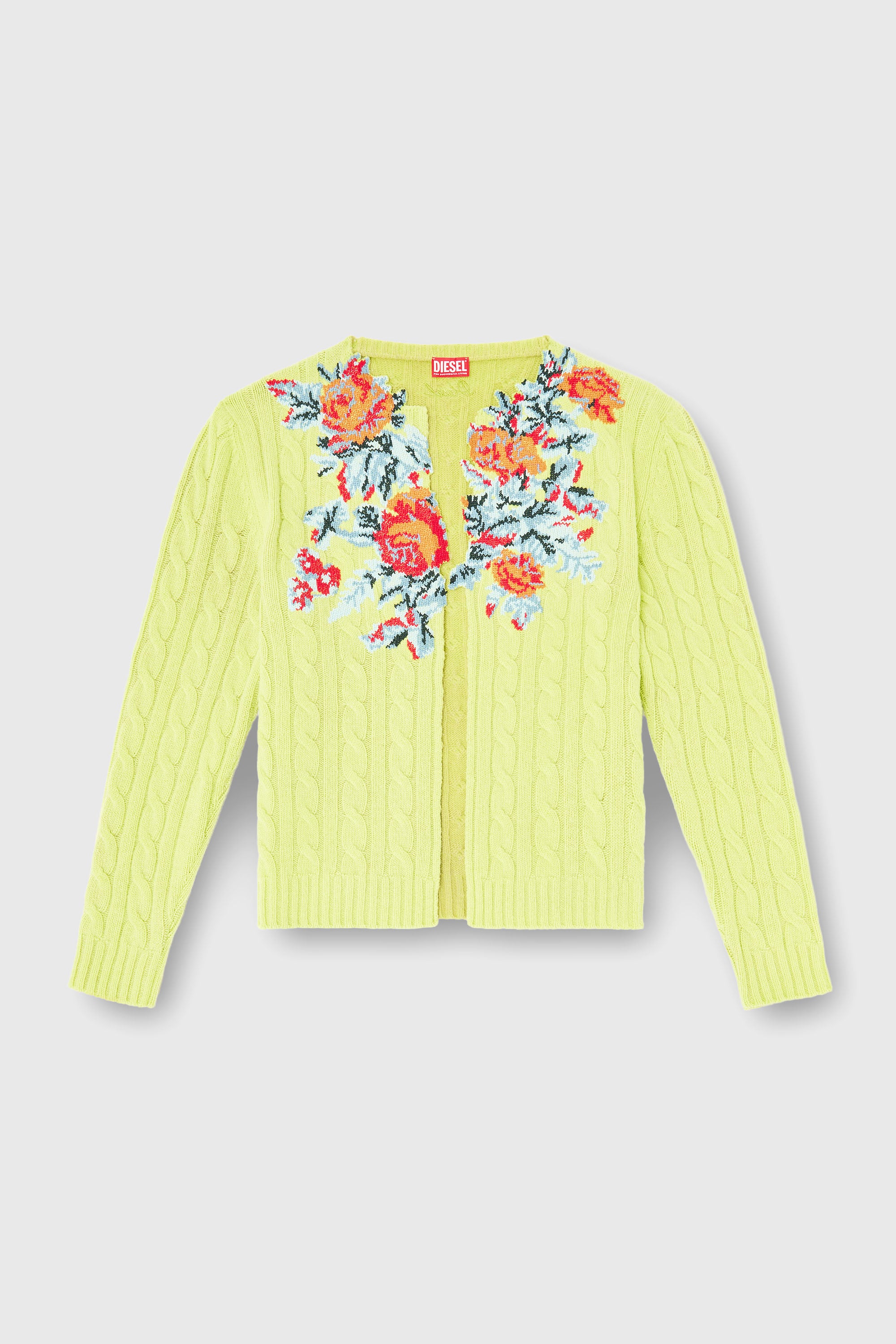 Diesel - K-RINO, Cardigan ouvert en maille torsad&eacute;e &agrave; motif floral Homme in Jaune - 2