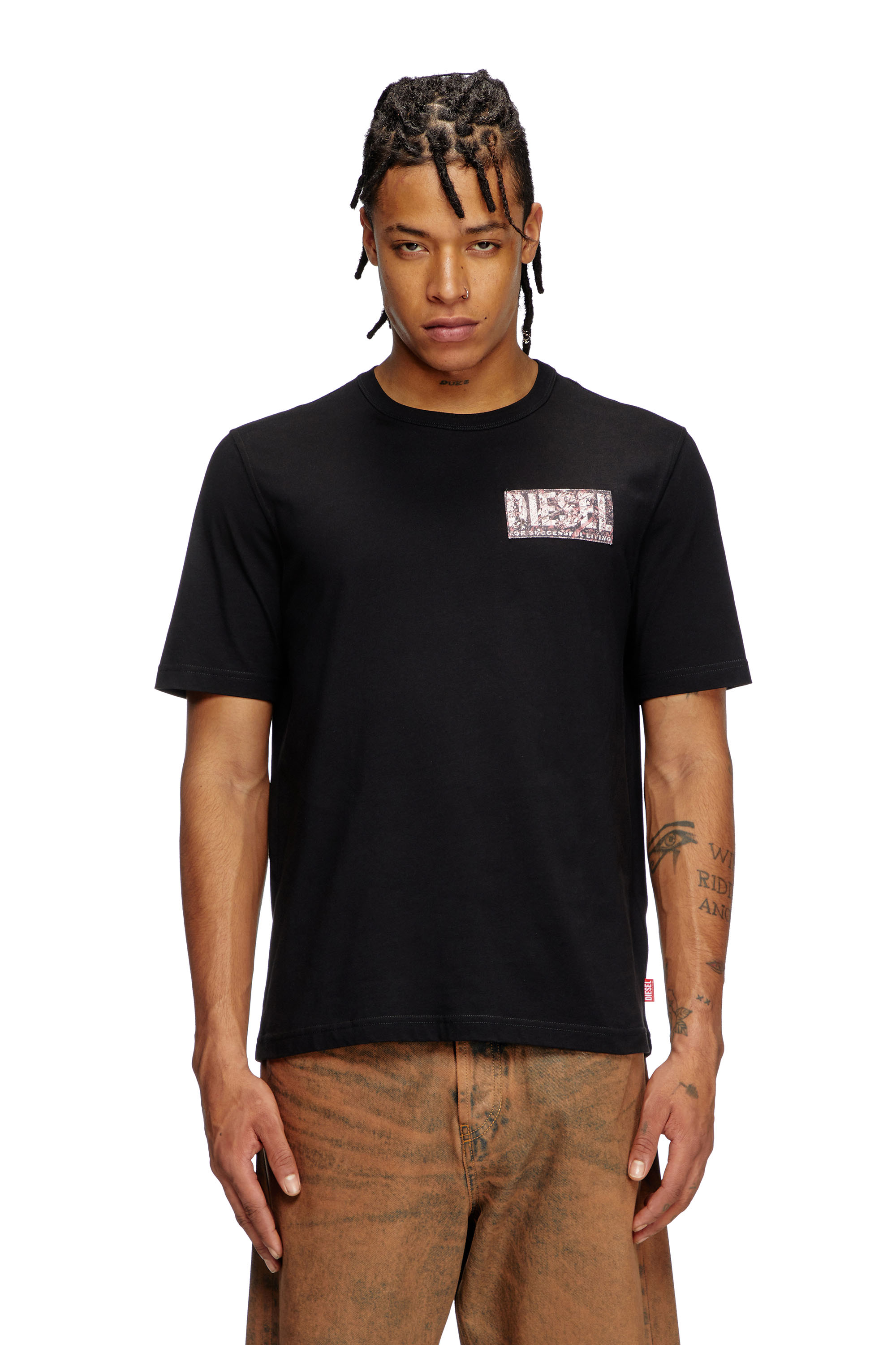 Diesel - T-ADJUST-R19, T-shirt avec empiècement en gabardine Homme in Noir - 1