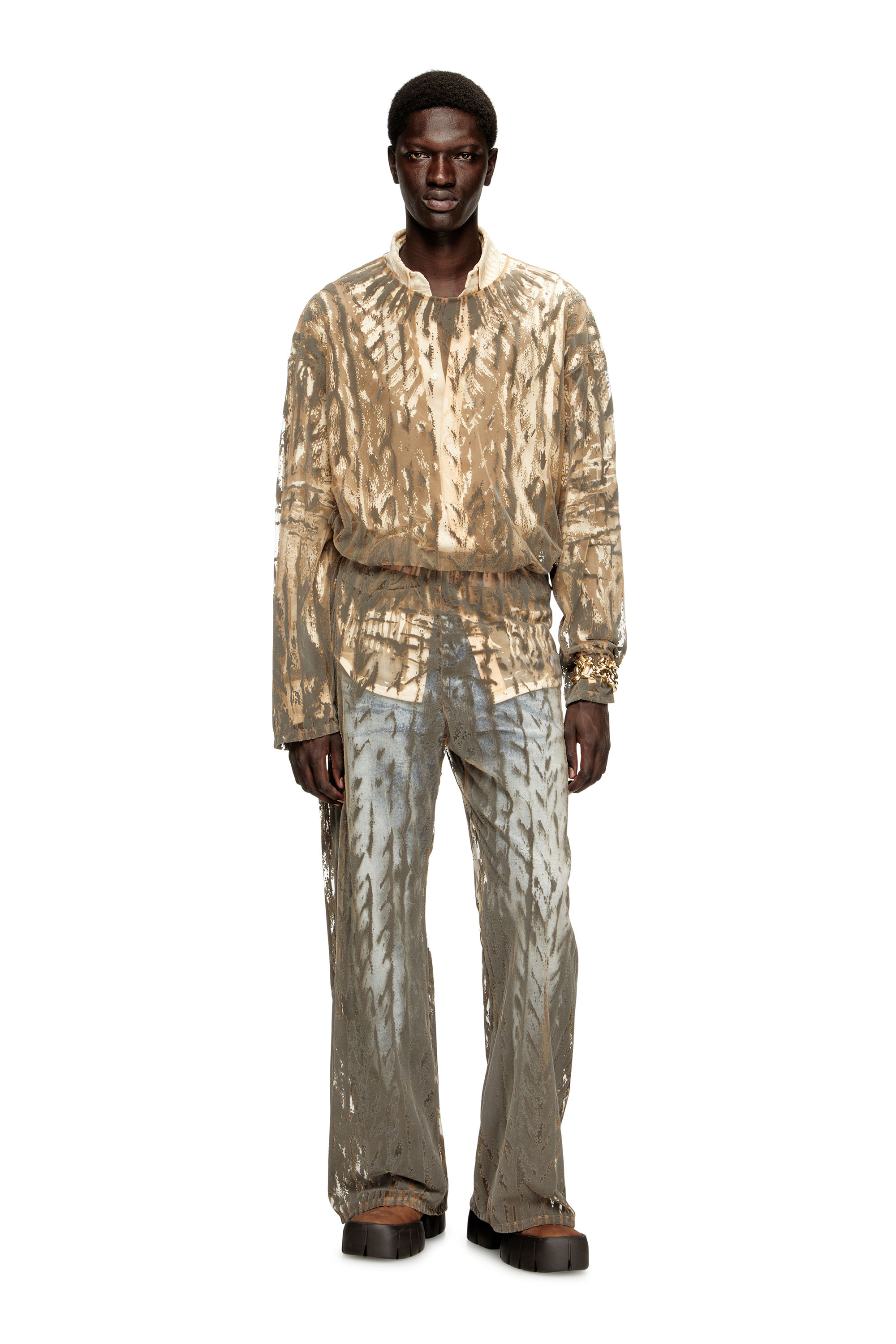 Diesel - P-EGASO, Pantalon en tulle avec imprimés de torsades floquées Homme in Gris - 1