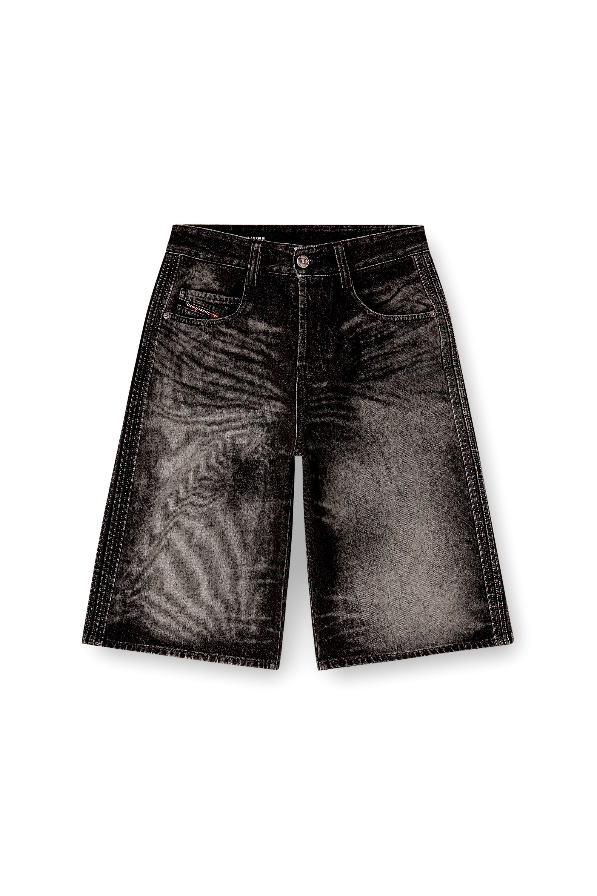 Diesel - D-ENIM-M-SHORT-S, Bermuda longs en denim coton-chanvre trait&eacute; Mixte in Noir - 4