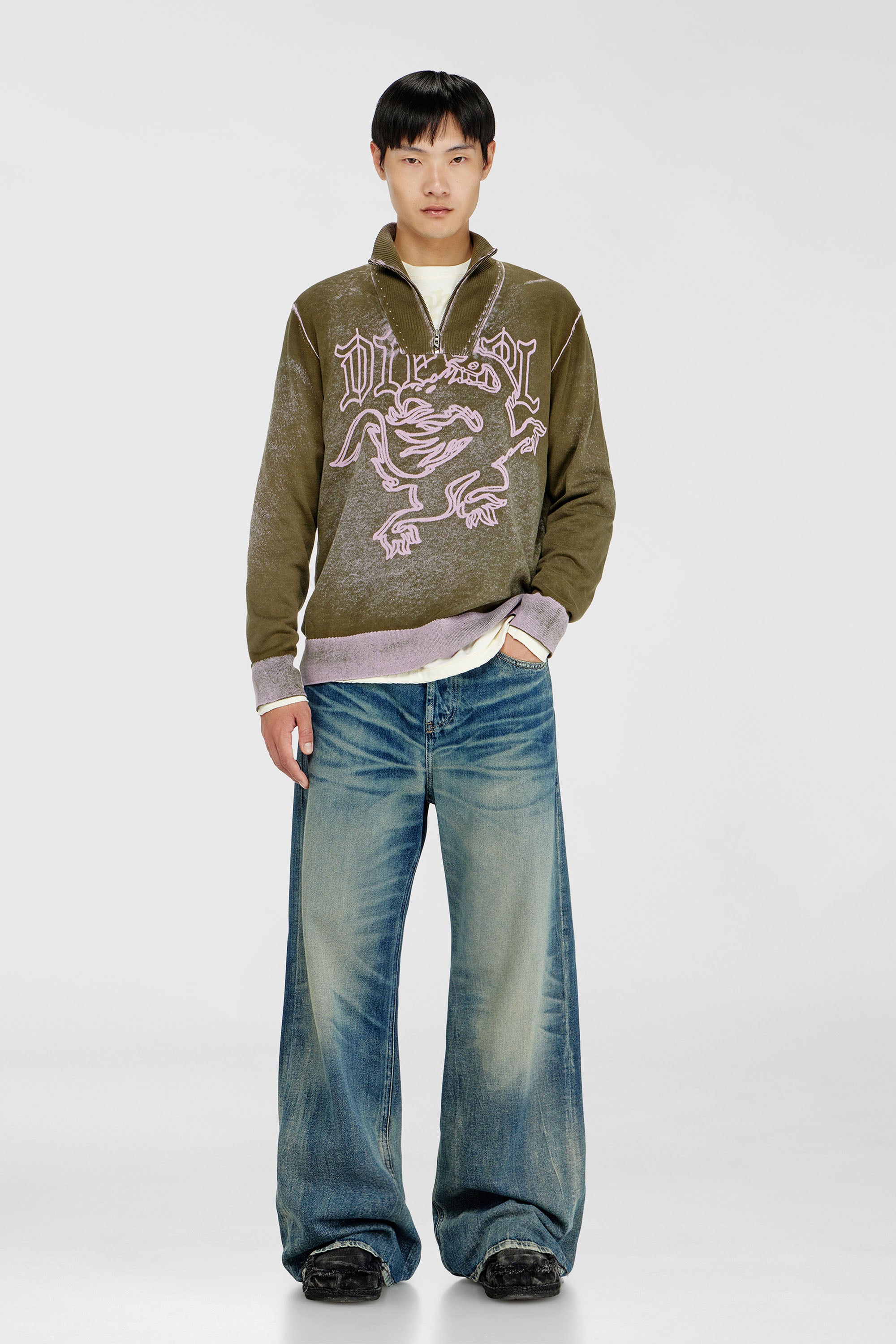 Diesel - K-LAUTARE, Pull-over zipp&eacute; trait&eacute; avec motif griffin Homme in Vert - 2