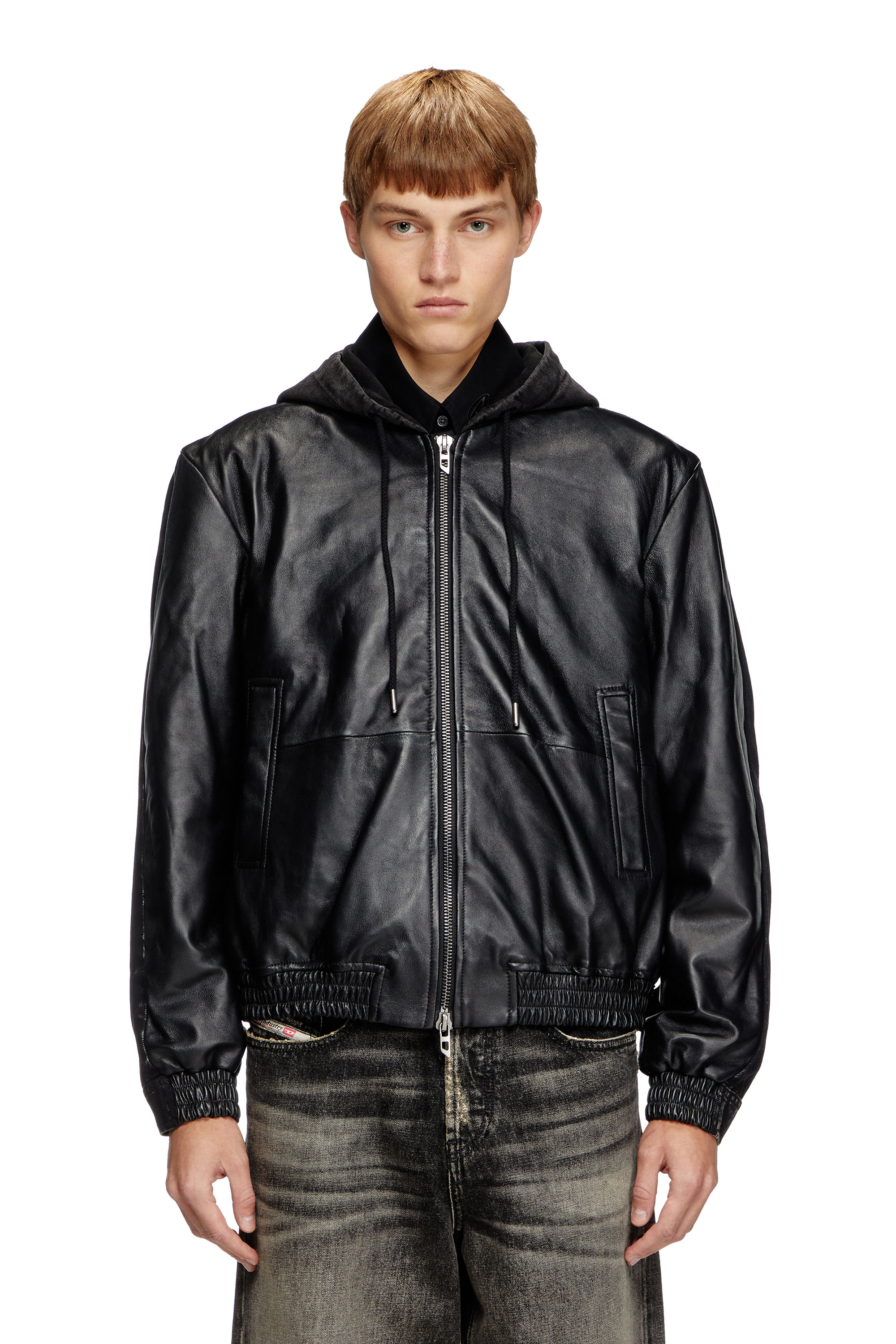 Diesel - L-OCHS, Veste à capuche en cuir, coton et denim Homme in Noir - 1