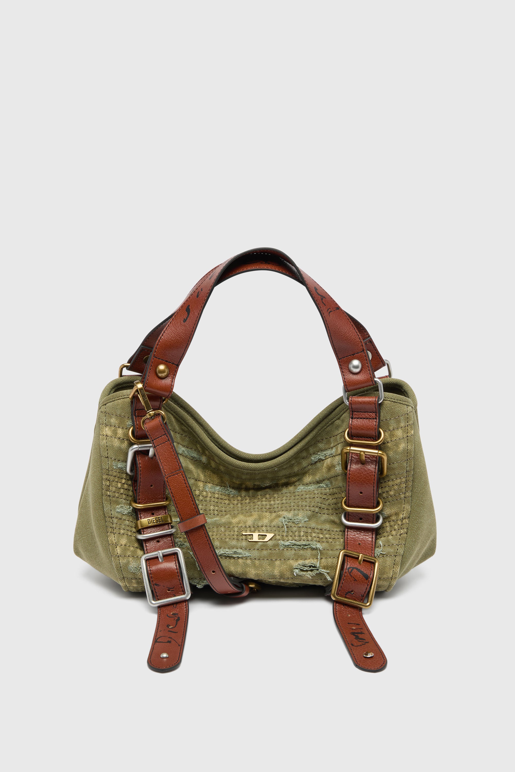 Diesel - D-ONE TOPHANDLE S, D-One-Small sac &agrave; poign&eacute;e en toile effet us&eacute; et cuir Femme in Vert - 1