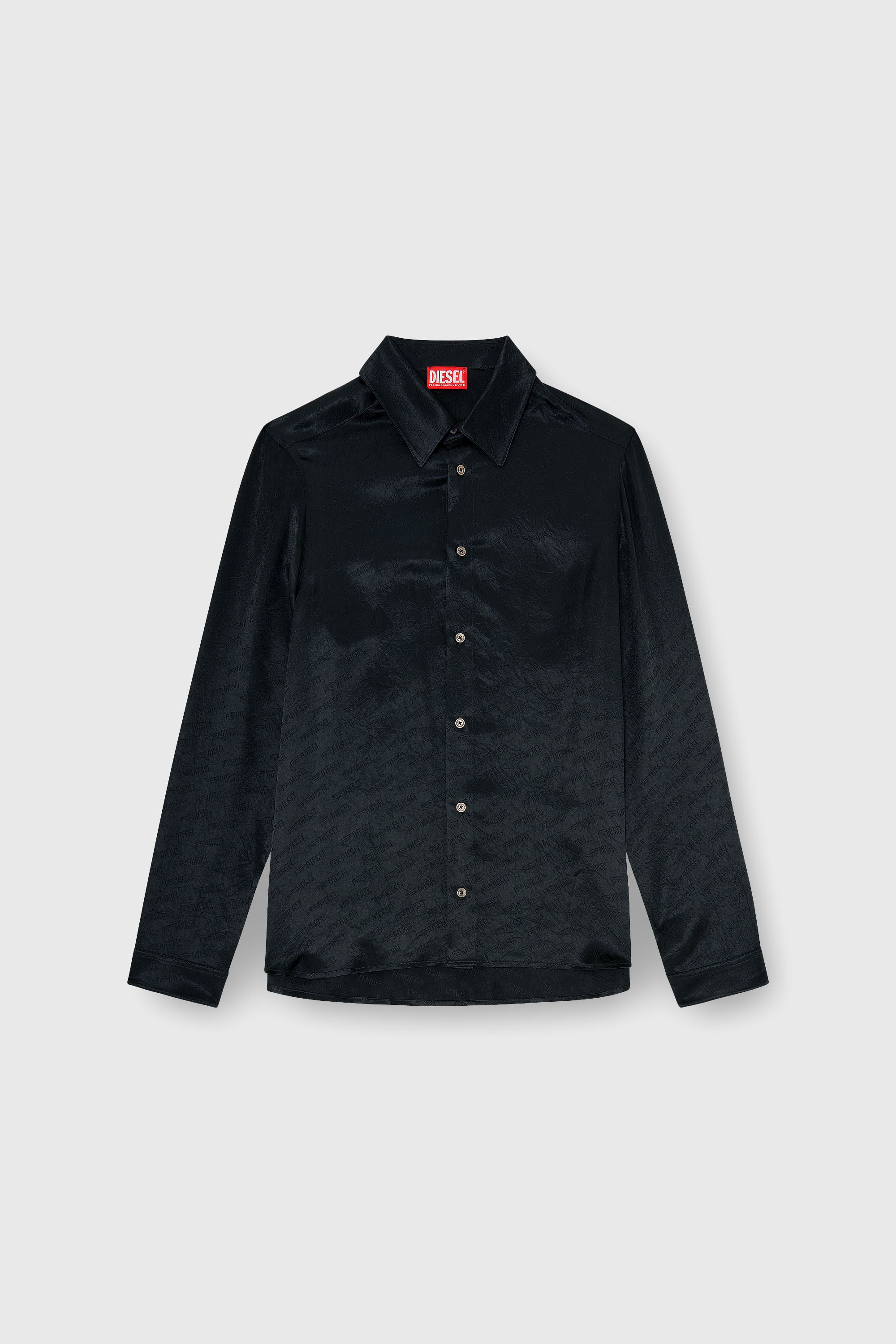 Diesel - S-KINNY-EFBZ, Chemise en satin froiss&eacute; jacquard logo Homme in Noir - 2