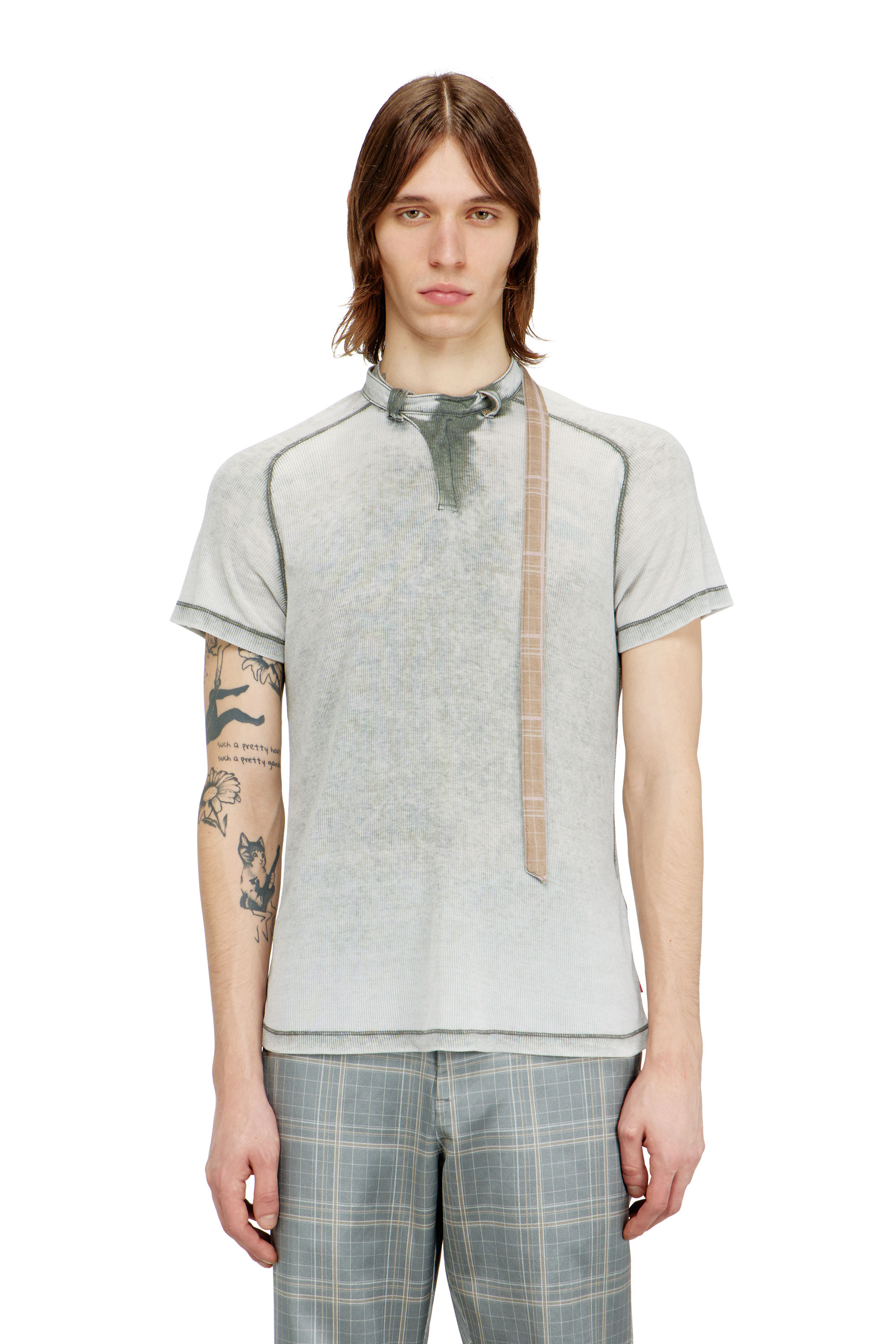 Diesel - T-GARY, Haut en jersey c&ocirc;tel&eacute; avec col bandouli&egrave;re style motard Homme in Gris - 1