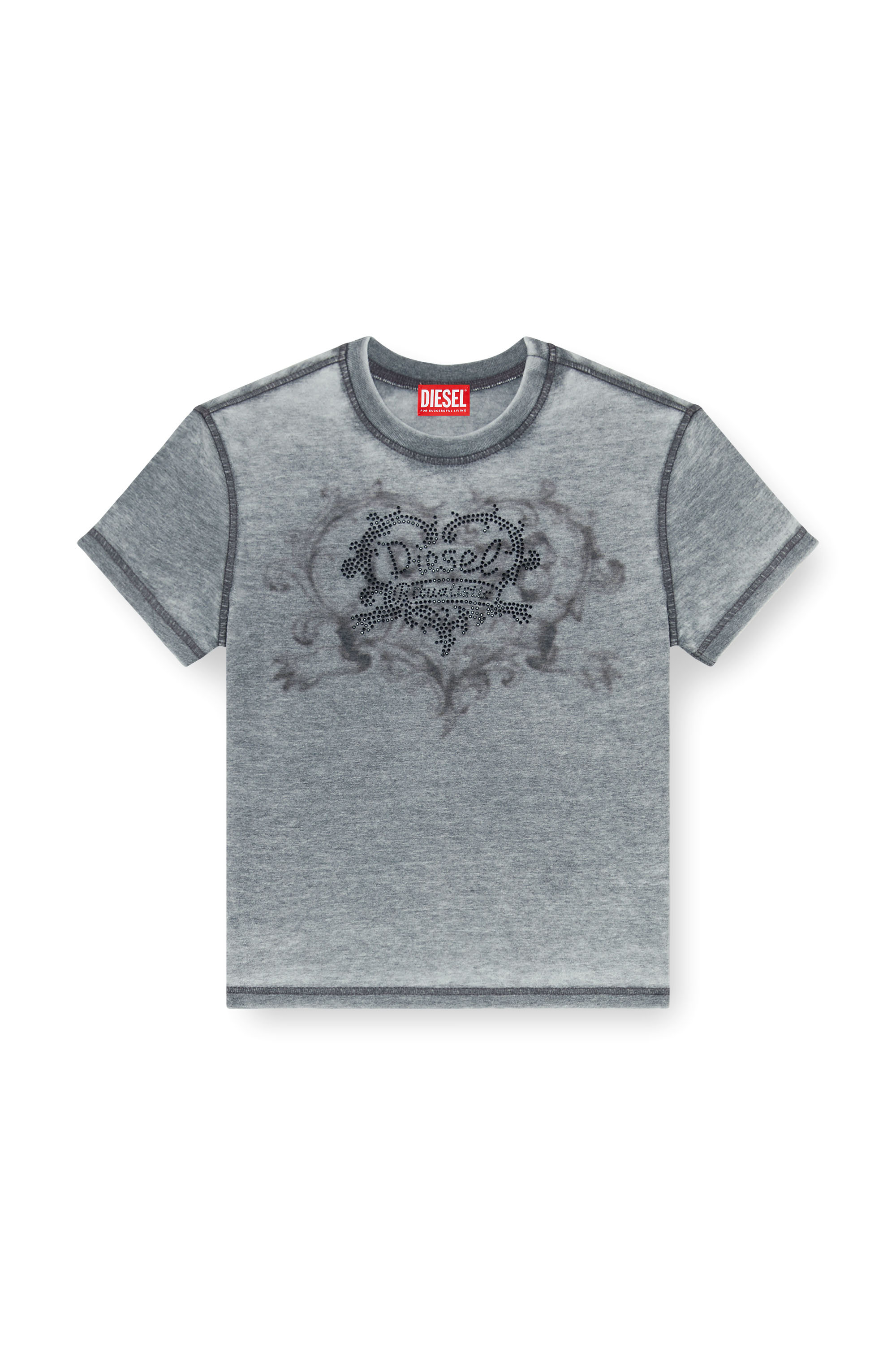 Diesel - T-ILA-AA1, T-shirt en jersey avec strass et burnout effect Femme in Gris - 2