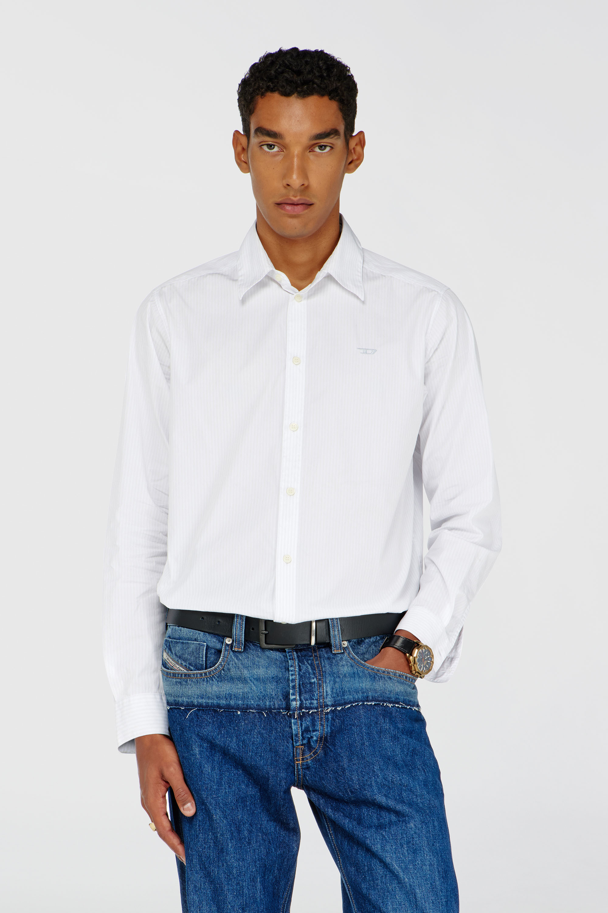 Diesel - S-SIMPLY-NA-DNAN, Chemise ray&eacute;e en coton avec broderie D Homme in Blanc - 1