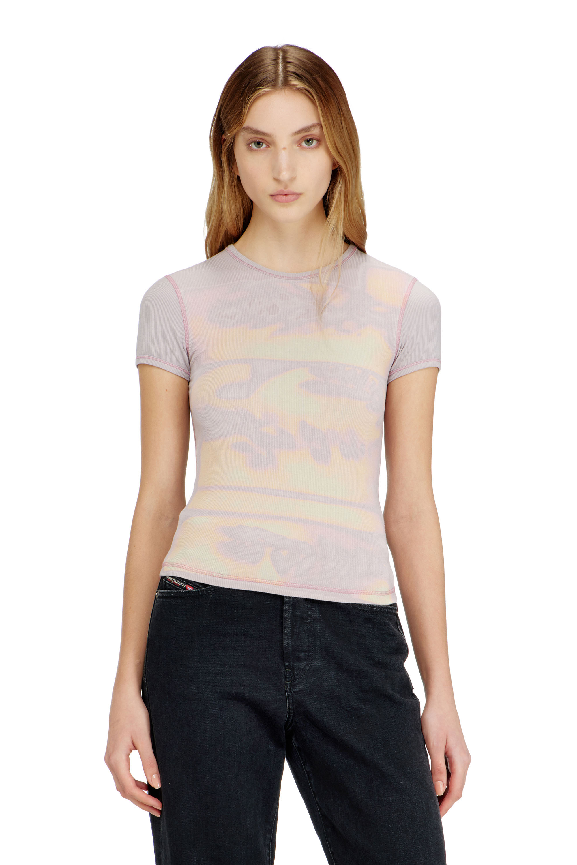 Diesel - T-ELE-LONG-AA1, Haut slim en jersey avec imprim&eacute; graphique Femme in Violet - 1