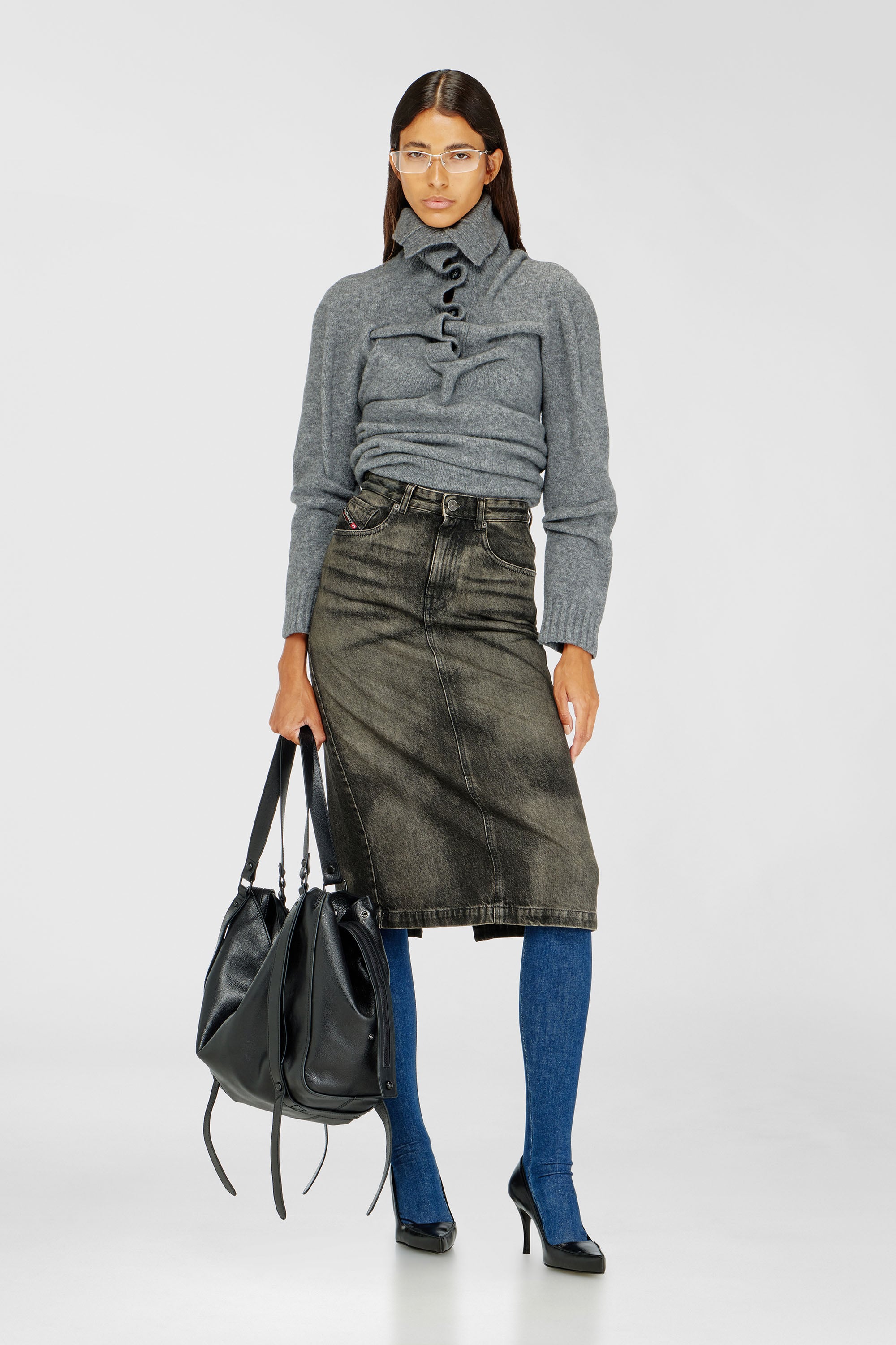 Diesel - DE-PENDY-FSJ, Jupe crayon en denim effet us&eacute; Femme in Gris - 1